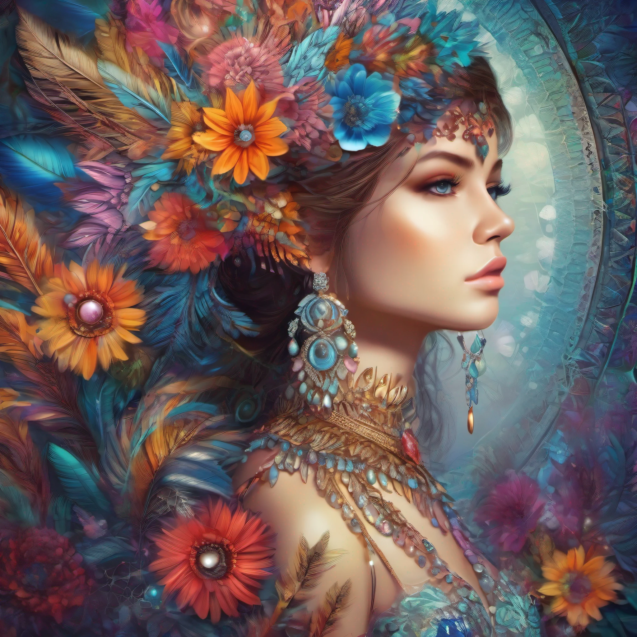 (masterpiece, top quality, best quality, official art, beautiful and aesthetic:1.2), (1girl:1.3), extremely detailed,(fractal art:1.1),(colorful:1.1)(flowers:1.3),highest detailed,(zentangle:1.2), full body, (abstract background:1.3), (shiny skin), (many colors:1.4), ,(earrings), (feathers:1.5),