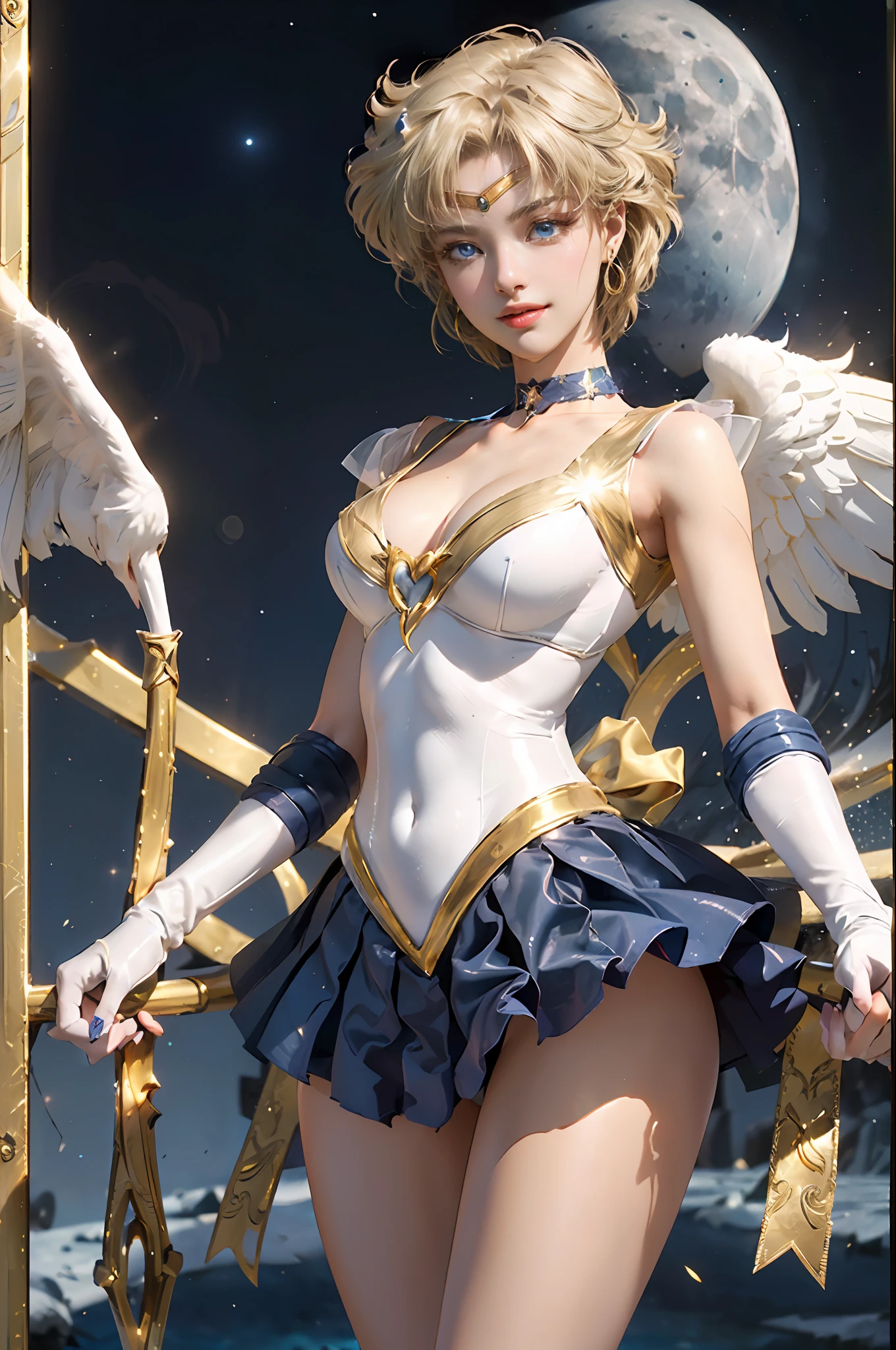 Full: 1.3, Stand, Masterpiece, 3D, Realistic, Ultra Micro Photography, Top Quality, Ultra Detailed CG Unity 8K Wallpaper, Short Hair: 1.3, Floating Blonde: 1.2, From Bottom, Intricate Details, (1 Female), 28 Years Old, (sailor uranus, mature woman, Small breasts, aqua eyes, blonde hair, Meixiaonfu, TenouHaruka,mer1, tiara, sailor senshi uniform), Sailor Senshi uniform: 1.2, Sailor Uranus, (luxurious golden tiara on forehead: 1.2, bare upper arms: 1.2, long white latex gloves with luxurious gold decoration: 1.2, very thin and fitting high-gloss white-silver holographic leather:1.5,Bold and sexy white silver slender high leg gravette swimsuit:1.3,Blue brooch with huge metallic gold ribbon on chest:1.2, dark blue gloves,,((Fighting stance)), (Flat chest:1.4, Tall and muscular: 1.4、Muscular abs:1.2), (Pre-gate mini skirt, Very big dark blue bow on the buttocks: 1.3, dark blue choker, cleavage, sexily boldly large, gold ring-shaped earrings, shiny dark blue high heel boots with luxurious gold decoration), small face, very tall and perfect proportions, long legs, sexy and dynamic model pose,
((seductive smile, very pretty face, face details: 1.5, bright blue eyes, beautiful face, beautiful eyes, shiny eyes, thin lips: 1.3, thin and sharp pale eyebrows, long dark eyelashes, double eyelashes)), (gorgeous huge white wings), visible pores, Perfect hands: 1.5, very dramatic images, octane rendering, strong natural light, sunlight, exquisite lighting and shadows, dynamic angles, ( Saturn, Earth Divinity: 1.1, Dynamic Lightning Background: 1.3, Lightning Divinity, Lightning Space Background, Moonlight, Moon, Dynamic Background, Detailed Background,), DSLR Harp, Focus: 1.0, Maximum Clarity and Sharpness,