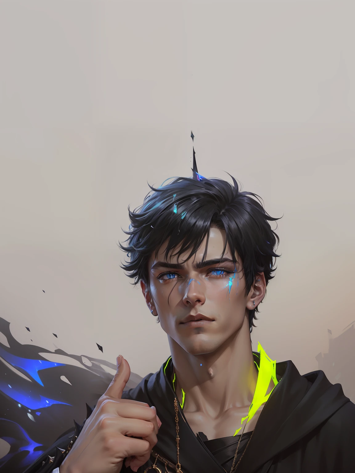 Cyberpunk male, fantasy world, dark background, clean design, epic instagram, artstation, colorful paint splatter, silhouette, hyper detailed intricate details, unreal engine, fantasy, intricate details, splash screen, complementary colors, Fantasy concept art, 8k resolution, deviantart masterpiece, oil painting, heavy strokes, paint dripping, (isolated on white background: 1.3), rainbow skin, (((handsome young man))), ((teenage:1.5) ), (glowing blue eyes), ((light eyes)), ((((short white hair: 1.1))), ((black clothes)), (prince\\(indifferent expression\\),, ( ((Wears high detail luxurious black robe))), white hair, frost magic, ((chest) --v 6