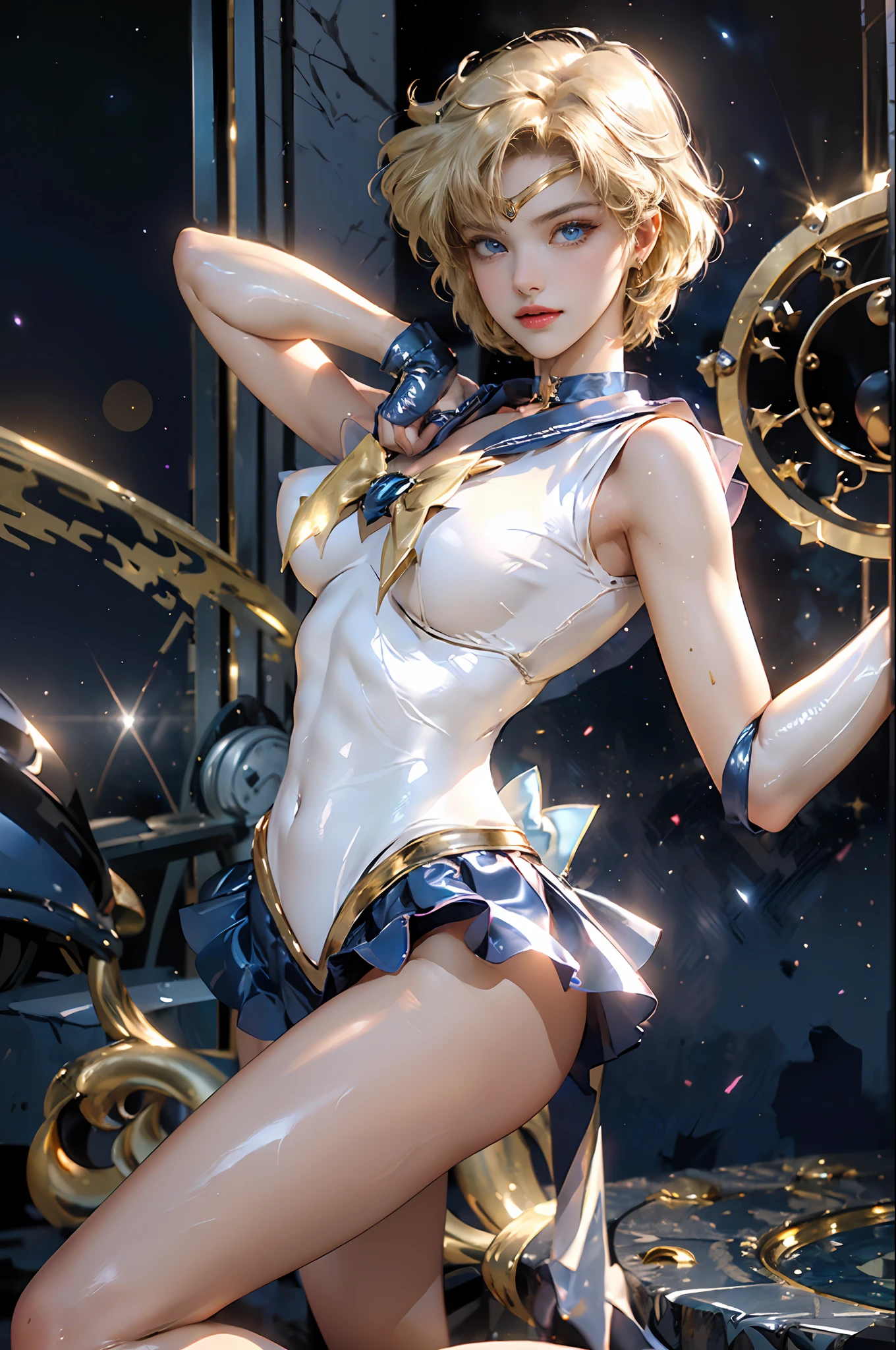 Full: 1.3, Stand, Masterpiece, 3D, Realistic, Ultra Micro Photography, Top Quality, Ultra Detailed CG Unity 8K Wallpaper, Short Hair: 1.3, Floating Blonde: 1.2, From Bottom, Intricate Details, (1 Female), 28 Years Old, (sailor uranus, mature woman, Small breasts, aqua eyes, blonde hair, Meixiaonfu, TenouHaruka,mer1, tiara, sailor senshi uniform),Sailor Senshi uniform: 1.2, Sailor Uranus, (((Fighting stance)), (flat chest: 1.4, tall and muscular: 1.4, Muscular abs: 1.2,Small face, very tall and perfectly proportioned, sexy and long legs, Sexy and dynamic model pose), (luxurious gold decoration,luxurious golden tiara on forehead: 1.2, bare upper arms: 1.2, long white latex gloves with luxurious gold decoration: 1.2, very thin and fitting high-gloss silver holographic leather: 1.5,bold and sexy silver slender high leg gravette swimsuit: 1.3, Blue brooch with huge metallic gold ribbon on chest: 1.2, dark blue sexy pre-gate mini skirt: 1.1, dark blue pre-gate mini skirt, white leotard, dark blue gloves, on the elbows), (very large dark blue bow on the buttocks: 1.3, dark blue choker, cleavage, sexily boldly large, gold ring-shaped earrings, shiny dark blue high heeled boots with luxurious gold decoration),
((seductive smile, very pretty face, face details: 1.5, bright blue eyes, beautiful face, beautiful eyes, shiny eyes, thin lips: 1.3, thin and sharp pale eyebrows, long dark eyelashes, double eyelashes)), (gorgeous huge white wings), visible pores, Perfect hands: 1.5, very dramatic images, octane rendering, strong natural light, sunlight, exquisite lighting and shadows, dynamic angles, ( Saturn, Earth Divinity: 1.1, Dynamic Lightning Background: 1.3, Lightning Divinity, Lightning Space Background, Moonlight, Moon, Dynamic Background, Detailed Background,), DSLR Harp, Focus: 1.0, Maximum Clarity and Sharpness,