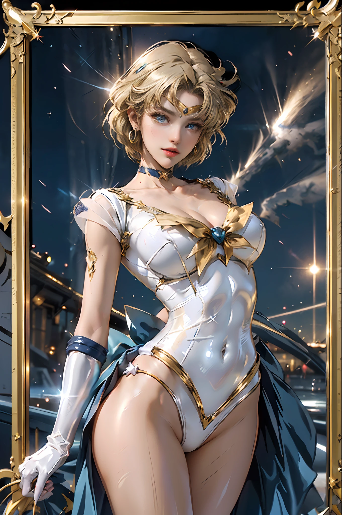 Full: 1.3, Stand, Masterpiece, 3D, Realistic, Ultra Micro Photography, Top Quality, Ultra Detailed CG Unity 8K Wallpaper, Short Hair: 1.3, Floating Blonde: 1.2, From Bottom, Intricate Details, (1 Female), 28 Years Old, (sailor uranus, mature woman, Small breasts, aqua eyes, blonde hair, Meixiaonfu, TenouHaruka,mer1, tiara, sailor senshi uniform),Sailor Senshi uniform: 1.2, Sailor Uranus, (((Fighting stance)), (flat chest: 1.4, tall and muscular: 1.4, Muscular abs: 1.2,Small face, very tall and perfectly proportioned, sexy and long legs, Sexy and dynamic model pose), (luxurious gold decoration,luxurious golden tiara on forehead: 1.2, bare upper arms: 1.2, long white latex gloves with luxurious gold decoration: 1.2, very thin and fitting high-gloss silver holographic leather: 1.5,bold and sexy silver slender high leg gravette swimsuit: 1.3, Blue brooch with huge metallic gold ribbon on chest: 1.2, dark blue sexy pre-gate mini skirt: 1.1, dark blue pre-gate mini skirt, white leotard, dark blue gloves, on the elbows), (very large dark blue bow on the buttocks: 1.3, dark blue choker, cleavage, sexily boldly large, gold ring-shaped earrings, shiny dark blue high heeled boots with luxurious gold decoration),
((seductive smile, very pretty face, face details: 1.5, bright blue eyes, beautiful face, beautiful eyes, shiny eyes, thin lips: 1.3, thin and sharp pale eyebrows, long dark eyelashes, double eyelashes)), (gorgeous huge white wings), visible pores, Perfect hands: 1.5, very dramatic images, octane rendering, strong natural light, sunlight, exquisite lighting and shadows, dynamic angles, ( Saturn, Earth Divinity: 1.1, Dynamic Lightning Background: 1.3, Lightning Divinity, Lightning Space Background, Moonlight, Moon, Dynamic Background, Detailed Background,), DSLR Harp, Focus: 1.0, Maximum Clarity and Sharpness,