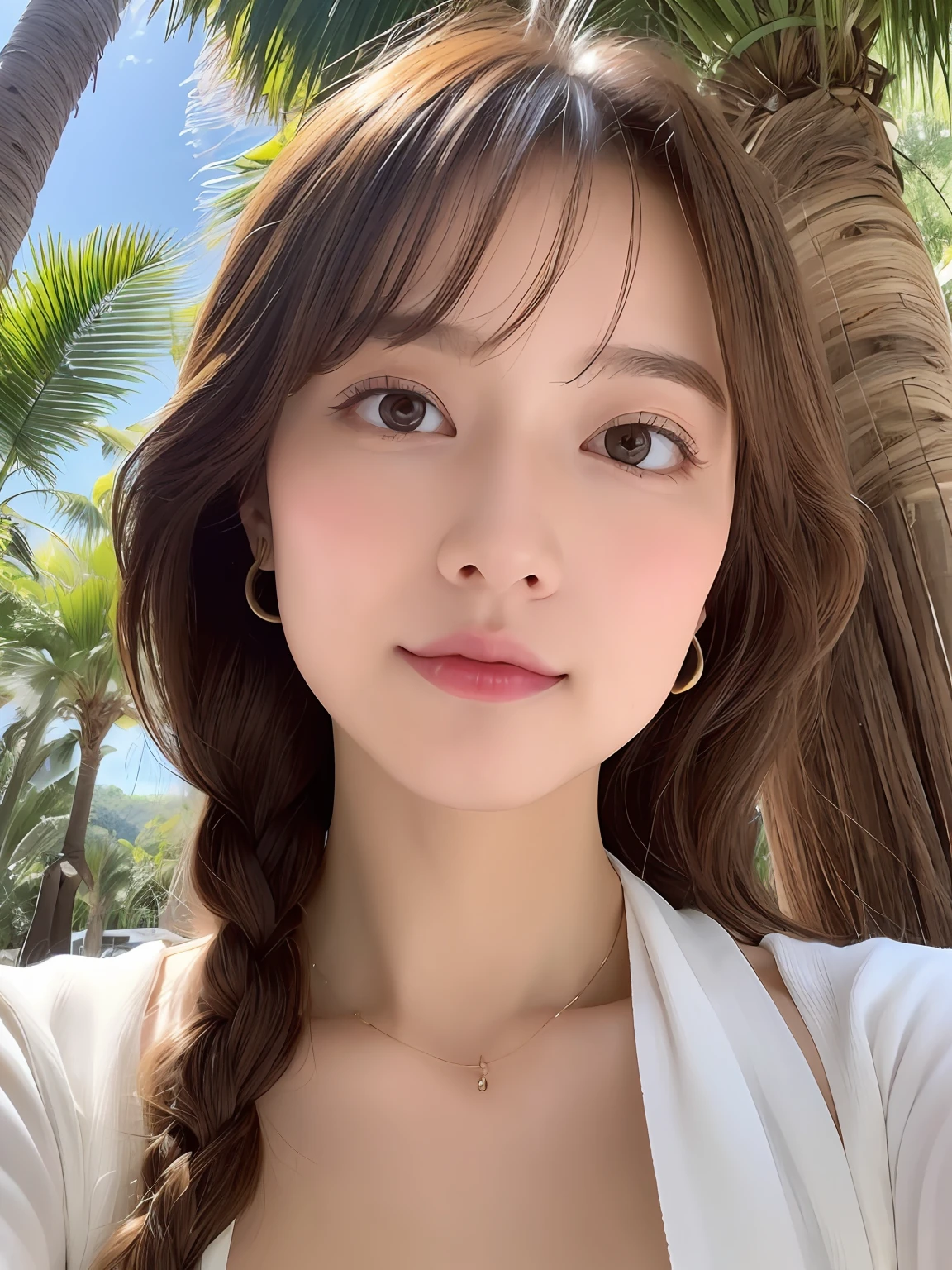 (From below:1.75),1girl in,(Leaning forward:1.3),Light Brown Fringe Longhair、Braided hair、disheveled hair、Light brown eyes、(dignified expression)、(Extraordinary Beauty)、(Colorful micro bikini),white shirt、(cleavage cutout),(Open Shirt),(爆乳)、Emphasize the valley、the beach、Palm trees、blue-sky、(Photorealsitic)、(intricate detailes:1.2)、(masterpiece、:1.3)、(top-quality:1.4)、(超A high resolution:1.2)、超A high resolution、(A detailed eye)、(detailed facial features)、(selfee:1.2)