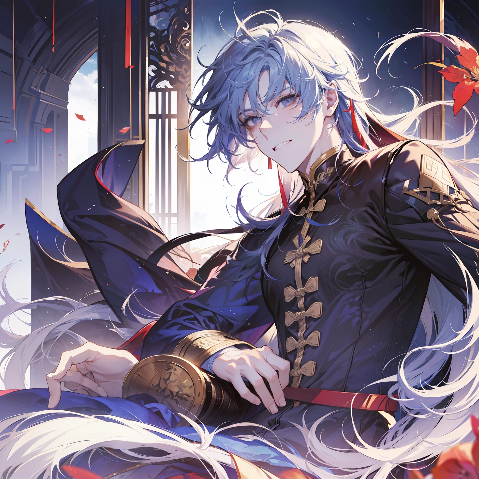 Blade from honkai star rail, calm, detailed, beautiful face, calm atmosphere, looking at viewer, interesting composition, full body, between window, masterpiece, best quality, 1 male, adult, handsome, tall, finely detailed eyes and detailed face, white hair, extremely detailed CG unity 8k wallpaper, intricate details, intricate details, maple leaves, maple, calm, good, kind, happy, white hair