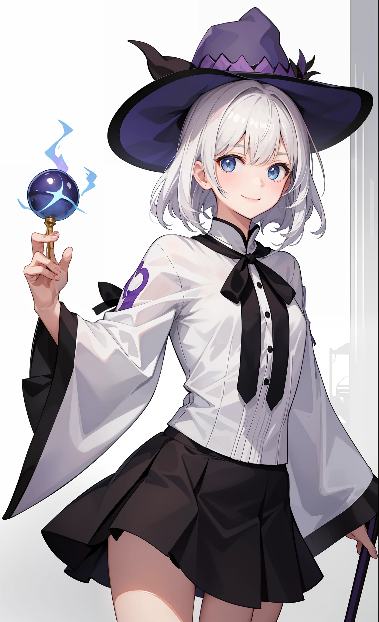 1girl in、A smile、The shirt、Blouse、skirt by the、(small tits)Chilarism、movement、Hats、cloaks、magic wands、Sorcerer、white hair、