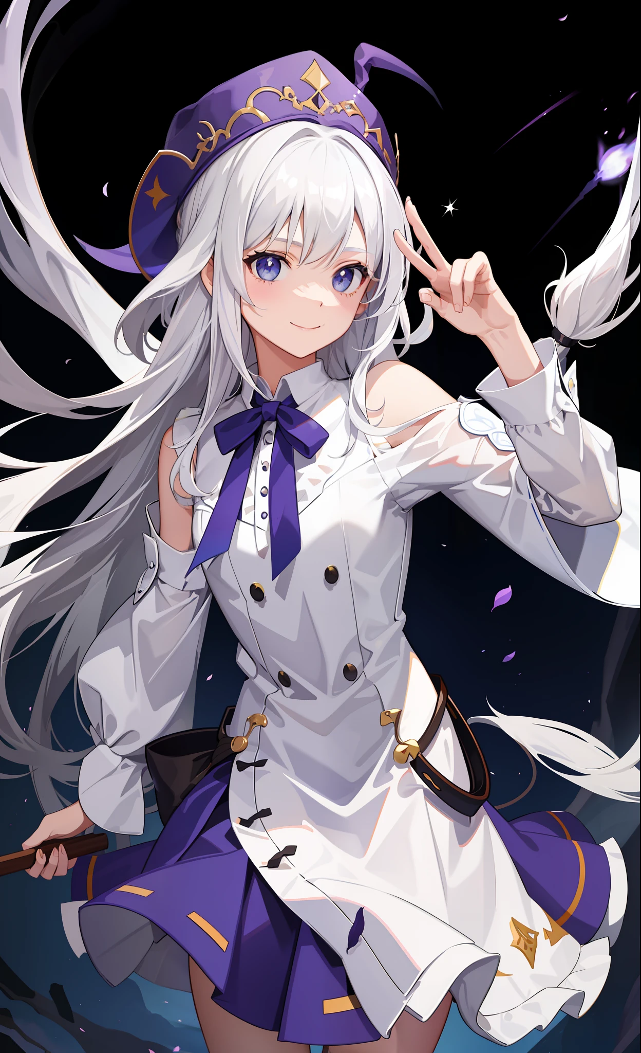 1girl in、A smile、The shirt、Blouse、skirt by the、(small tits)Chilarism、movement、Hats、cloaks、magic wands、Sorcerer、white hair、