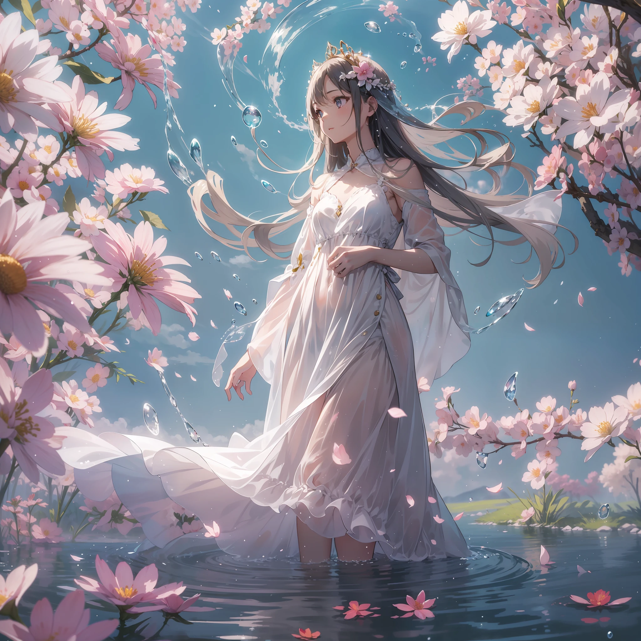 A girl stands gracefully in the soft sun,Her eyes were bright,Dressed in light white dance sleeves,Hair drapes,Exudes a sparkle。Beside her,Fine droplets of water drip quietly,Surrounding her were drifting clouds and petals brought by the breeze,It's like a fairyland。