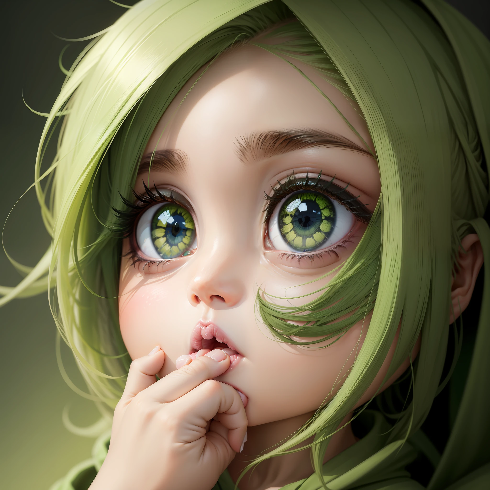 There's a baby with a green hoodie and a white shirt, painting digital adorable, grandes olhos verdes abertos, olhos verdes sonhadores, belos olhos verdes, olhos verdes encantadores, grandes olhos verdes, lindos olhos enormes, olhos verdes finos rosto bonito rosto bonito, olhos verdes brilhantes, olhos verdes profundos, bonito verde redondo olhos inclinados, Huge adorable eyes, adorable eyes, realista, cabelo ondulado castanho claro