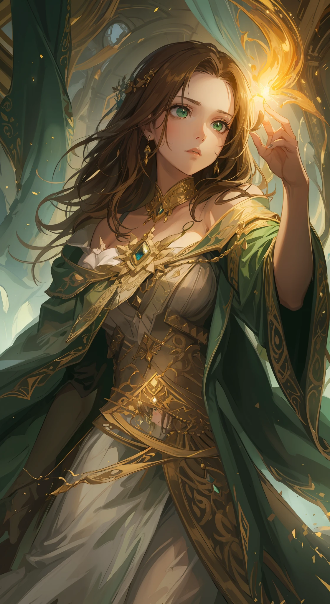 A beautiful woman with green eyes and brown hair she is a sorceress wearing noble white and gold robes A princess of magic and a sad look of dramatic concern Expressive Green lights and elemental magic Elements of Nature Greatness A background full of magic An art for an RPG A medieval art for RPG