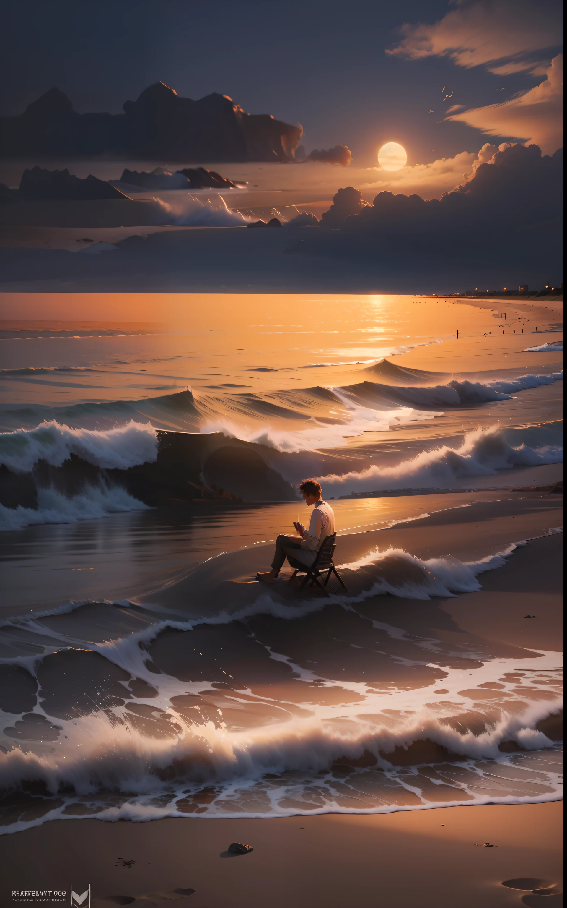 Don't change anything in the scene, keep all the details, just add a man sitting on the beach