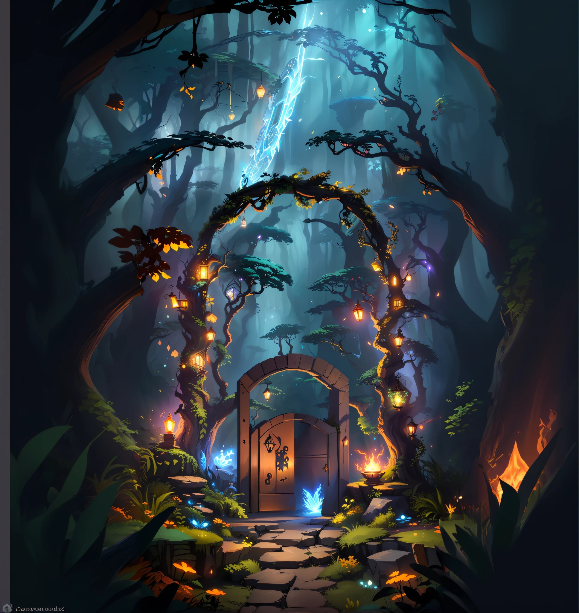 a cartoon-style illustration of a fancy entrance with a bright door, Arte conceitual de Hearthstone, magical portal, Portal Florestal, enchanted magical fantasy forest, magic doorway, fantasia estilo de arte hearthstone, Arte conceitual de Hearthstone da Blizzard, magic fantasy forest, magical portal, magical forest backround, pintado como uma arte conceitual de jogo, arte do jogo de cartas de hearthstone. ", magical fantasy 2 d concept art