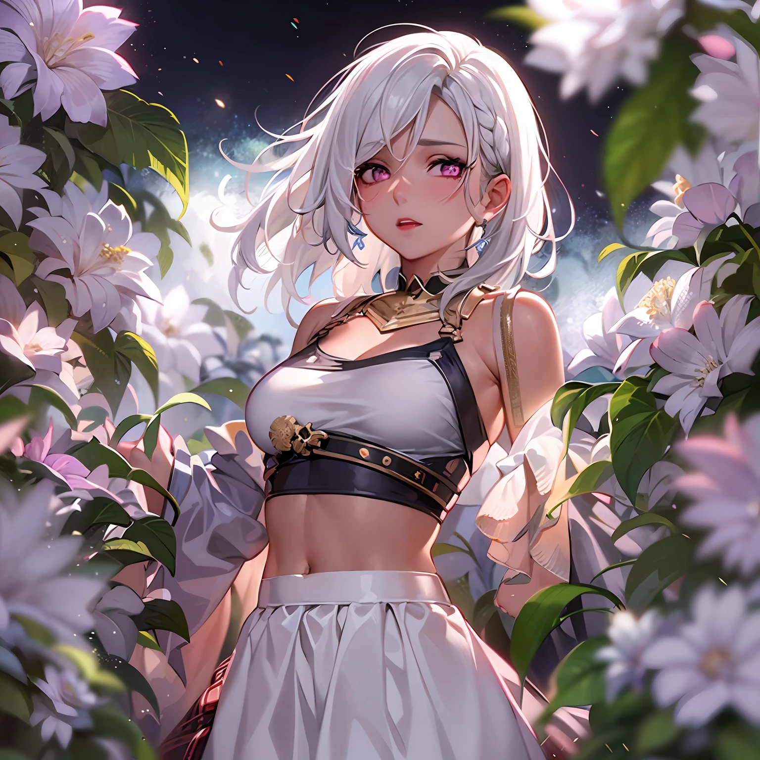 realistic, 1girl, white hair, purple eyes, glowing eyes, crop top, skirt, parted lips, blush, night, flowers, sun, sunlight,