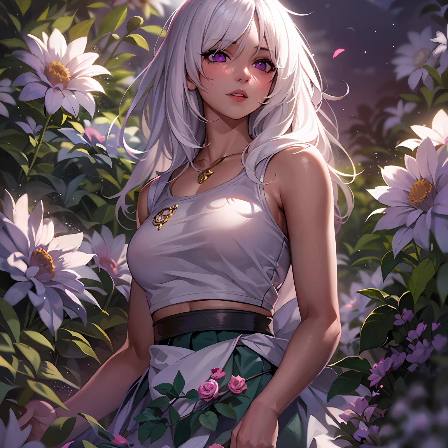 realistic, 1girl, white hair, purple eyes, glowing eyes, crop top, skirt, parted lips, blush, night, flowers, sun, sunlight,