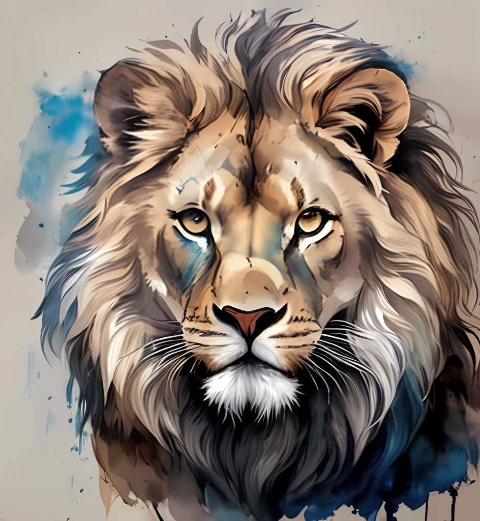 Painting of a lion with blue eyes and a white mane, pintura digital altamente detalhada, arte digital altamente detalhada, pintura digital em aquarela, arte digital altamente detalhada, pintura digital altamente detalhada, arte digital animal foto, painted in high resolution, in illustration style digital, arte digital. altamente detalhado, arte digital altamente detalhada, face of an lion, pintado em aquarelas brilhantes