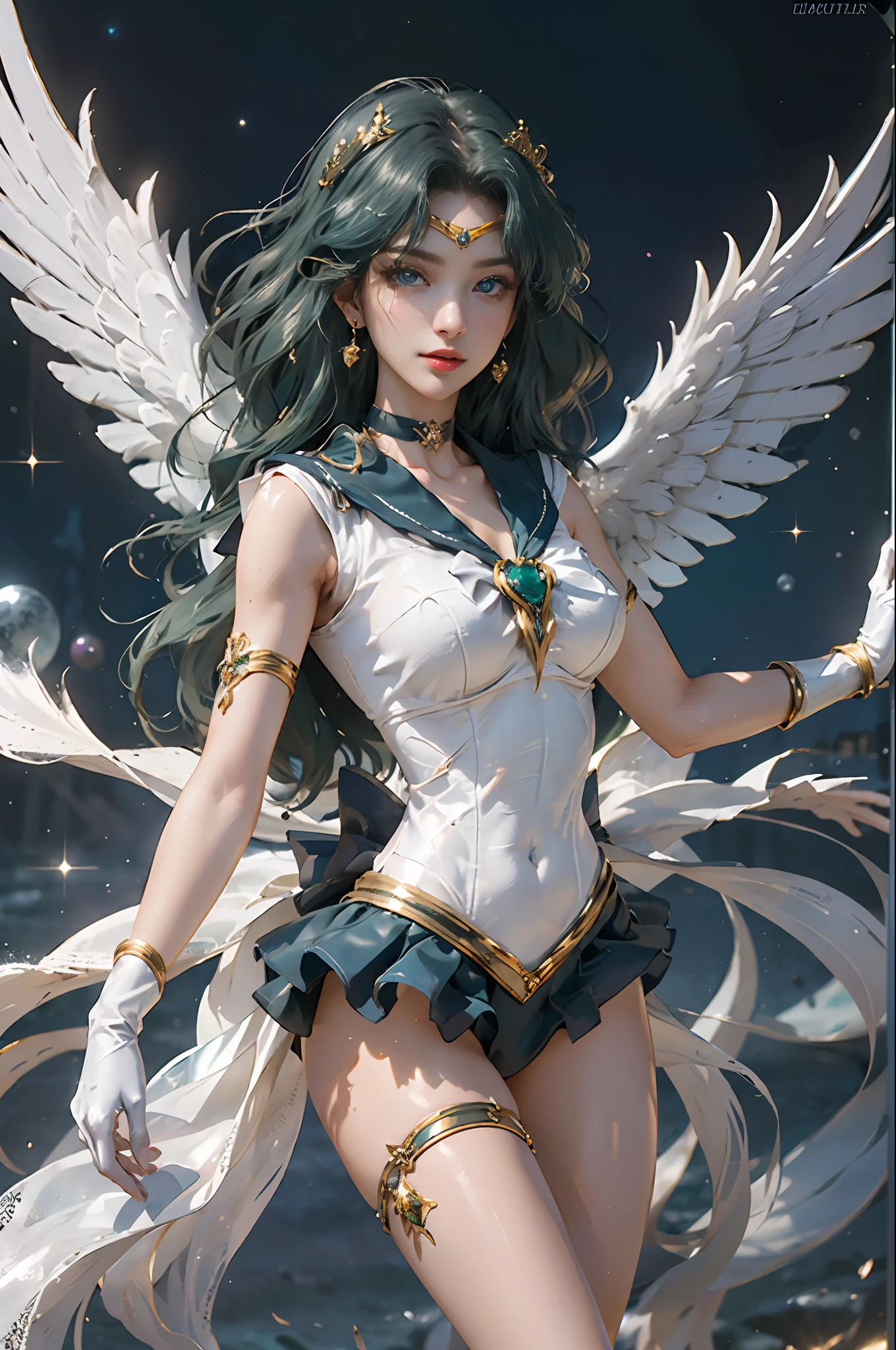 Full: 1.3, stand, masterpiece, 3D, realistic, ultra micro photography, top quality, ultra-detailed CG Unity 8K wallpaper, from below, with intricate details, (1 woman), 28 years old, (sailor neptune:1.4,sailor senshi uniform:1.4,meishaonv),Long wavy dark green hair,Fluttering in the wind,(White leotard:1.3, Luxurious gold decoration, luxurious golden tiara on forehead: 1.2, Bare upper arms: 1.2, Long white latex gloves with luxurious gold decoration: 1.2, Very thin and fitting high-gloss silver holographic leather: 1.5, Bold and sexy silver slender high leg gravette swimsuit: 1.3,, Gold brooch with huge metallic dark blue ribbon on chest: 1.2,Sexy pre-gate mini skirt: 1.1, pre-gate mini skirt,dark green gloves on elbows,),(large breasts:1.4、slender and muscular,muscular abs,very small face,sexy and dynamic model pose,tall and perfect proportions,sexy long legs, Muscular thighs,big buttocks,), (very large bow on the buttocks: 1.3, choker, cleavage, sexily boldly large, gold ring-shaped earrings, high heels with shiny strings with luxurious gold decoration),
((seductive smile, very pretty face, face details: 1.5, bright blue eyes, beautiful face, beautiful eyes, shiny eyes, thin lips: 1.3, thin and sharp pale eyebrows, long dark eyelashes, double eyelashes)), (gorgeous huge white wings), visible pores, Perfect hands: 1.5, very dramatic images, octane rendering, strong natural light, sunlight, exquisite lighting and shadows, dynamic angles, ( Neptune, Deep Sea Divinity: 1.1, Dynamic Waves Background: 1.3, Whirlpool Space Background, Splash, Water Bubbles, Moonlight, Moon, Dynamic Background, Detailed Background,), DSLR Harp, Focus: 1.0, Maximum Clarity and Sharpness,