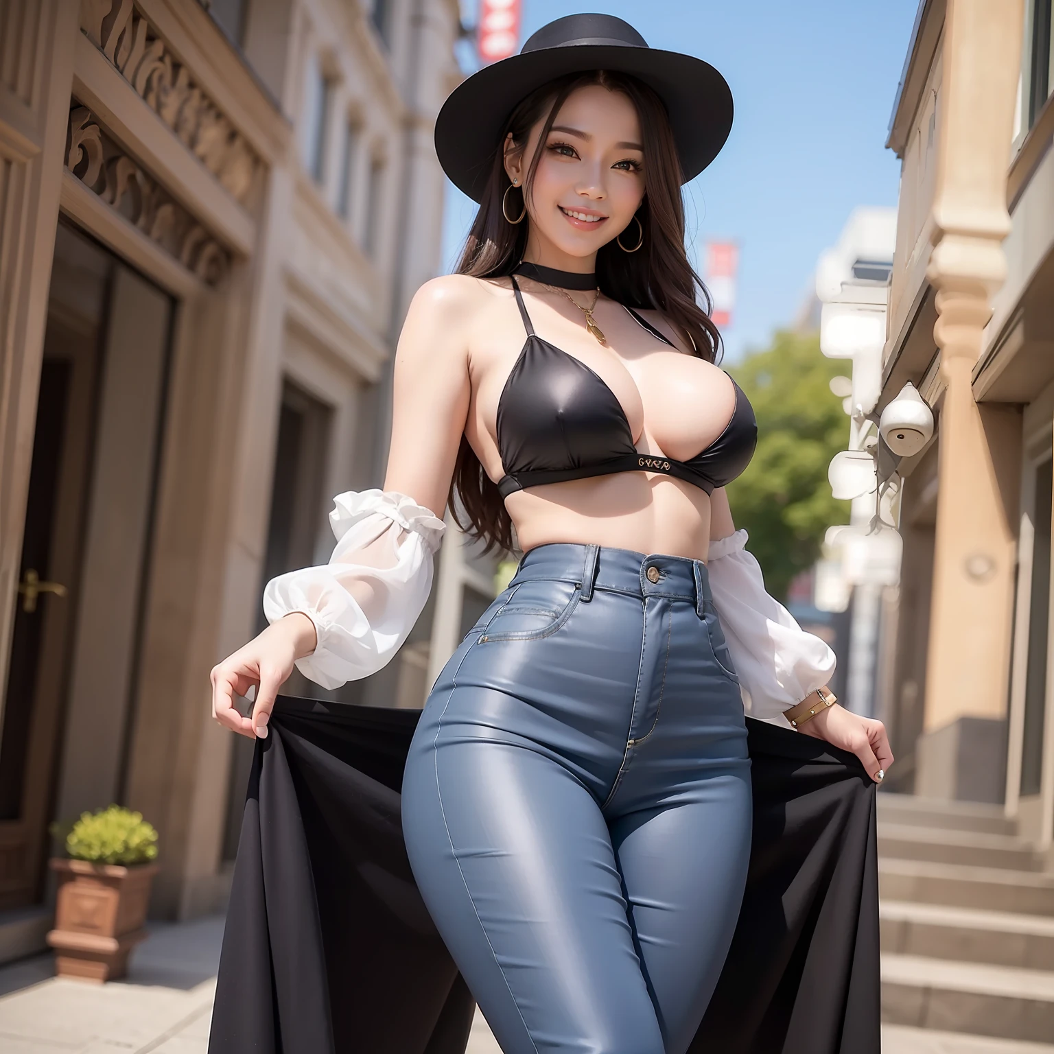 Top image quality、hight resolution、A detailed face、Beautiful Women in Perfect Style、affectionate smile、Flared pants、Gaucho Pants、Wide pants、big breasts thin waist、slim legs