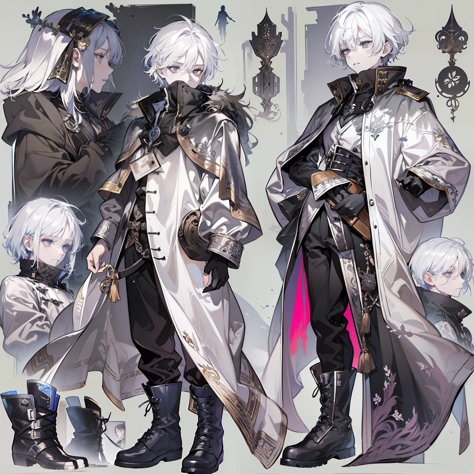 1 boy, solo, white hair, short hair, gray eyes, black shirt, metal cuffs, black gloves, raincoat, high boots, metal greaves, medieval theme, looking at viewer, fantasy art, beautiful painting, guwaika style, epic exquisite character art, stunning characters, (reference sheet:1.5)