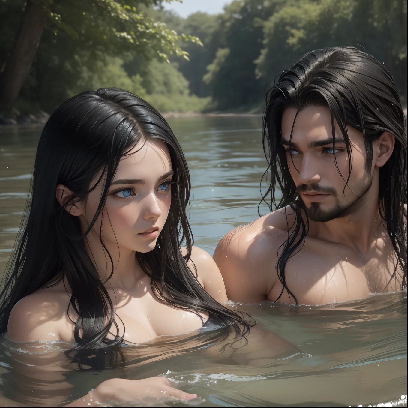 A couple bathing in the river together, half body submerged, woman, black hair, long wavy hair, wet hair, blue eye, man, black hair, medium hair, gray eye, no beard, no shirt