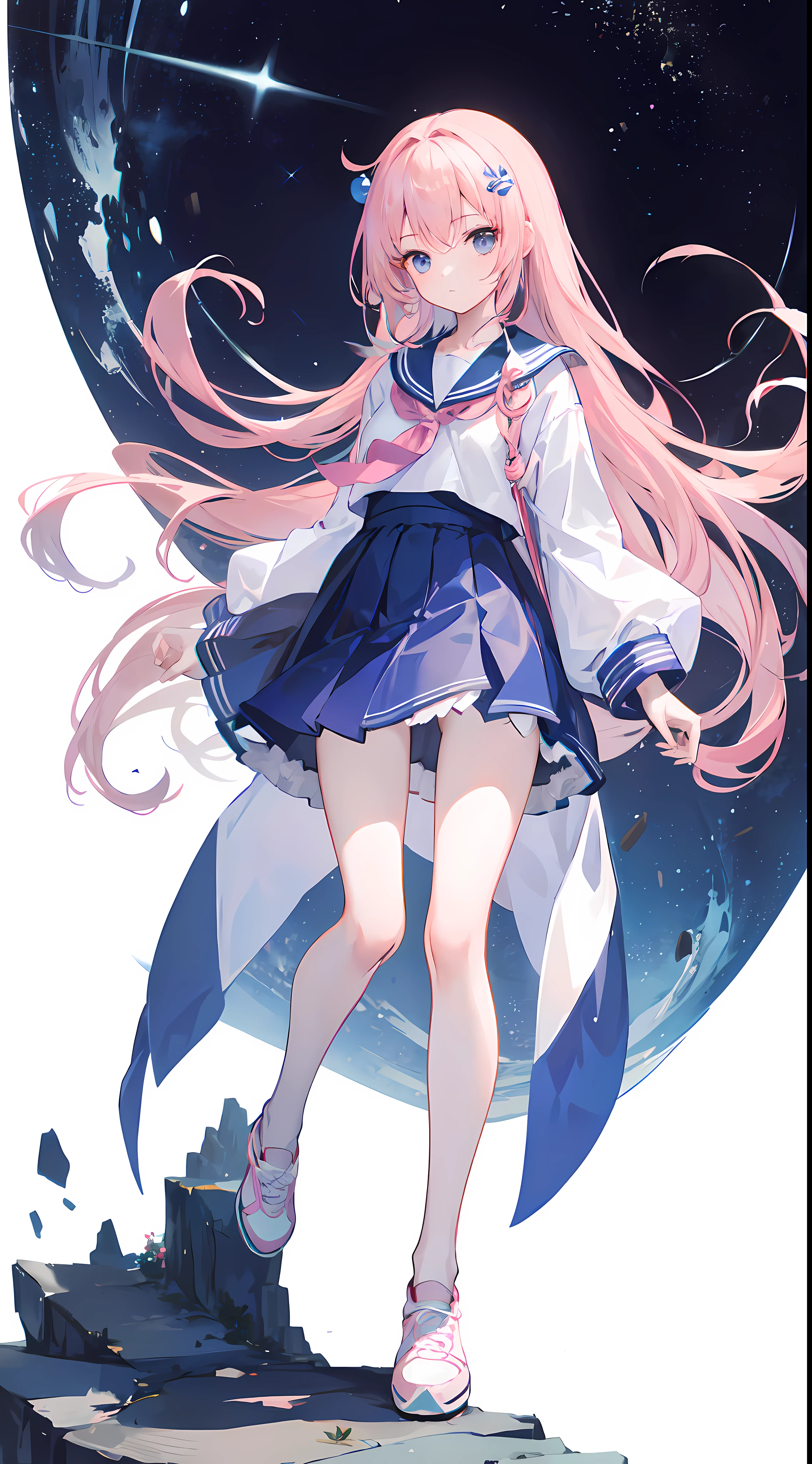 masterpiece、Extremely detailed illustrations、Illustrations drawn with the ultimate delicate lines、Poses faithful to human anatomy、Young and cute Japan woman、1A woman about staring into the distance、Sailor suit isolated on white background、Navy blue skirt、Pastel pink high-cut sneakers、Long long hair、Pastel pink hair clips、country road、Very strong headwind、Small jumps in strong winds、Knee-high stockings、Raised bangs、(((fullllbody)))