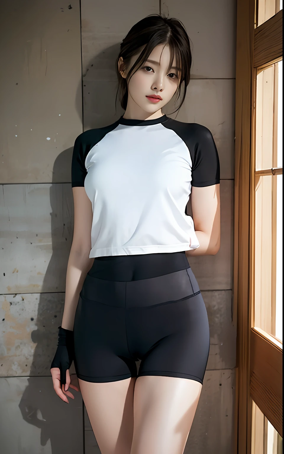masterpiece、masterpiece、top-quality、top-quality、realisitic、Unity、8K Picture Wallpaper、Official art、Highly detailed CG Unity 8K wallpapers、ulzzang-6500、one girls、cute little、Professional Lighting、((The sheen、Long black spandex shorts:1.37))、The shirt、length hair、dishevled hair、 (Original: 1.2)、(realisitic: 1.4)、ultra-detailliert、hight resolution、ultra-detailliert,splendid, finely detail, lighting like a movie、Simple costumes, Detailed clothing texture、a bed、skirt by the、Projection from above。 (8K、Raw photography、top-quality、masterpiece:1.27)、(realisitic、Photorealsitic:1.37)、physically-based renderingt、a handsome、masterpiece、top-quality、hight resolution、