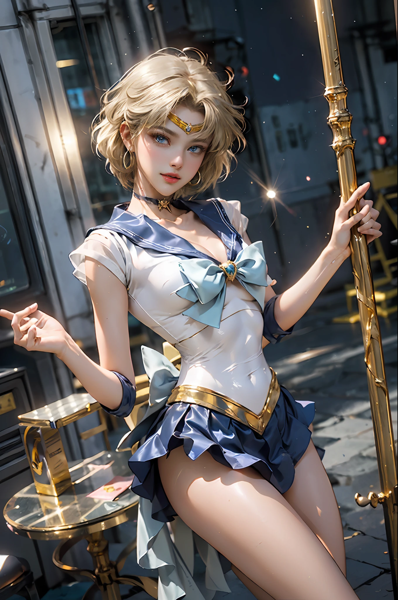 Full: 1.3, Stand, Masterpiece, 3D, Realistic, Ultra Micro Photos, Top Quality, Ultra Detailed CG Unity 8K Wallpaper, Short Hair: 1.4, Floating Blonde: 1.1, From Bottom, Intricate Details, (1 Female), 28 Years Old, (sailor uranus, mature woman, small breasts, aqua eyes, blonde hair, Meixiaonfu, TenouHaruka,mer1, tiara, sailor senshi uniform),Sailor Senshi uniform: 1.2, Sailor Uranus, (((Fighting stance)), (flat chest: 1.3, tall and muscular: 1.4, Muscular abs: 1.2,Small face, very tall and perfectly proportioned, sexy and long legs, Sexy and dynamic model pose), (luxurious gold decoration, luxurious golden tiara on forehead: 1.2, bare upper arms: 1.2, blue brooch with huge metallic gold ribbon on chest: 1.2, long white latex gloves with luxurious gold decoration: 1.2, very thin and fitting high-gloss silver holographic leather: 1.5, Bold and sexy silver slender high leg gravette swimsuit: 1.3,Dark blue sexy pre-gate mini skirt: 1.1, dark blue pre-gate mini skirt,white leotard, dark blue gloves,,(Very big dark blue bow on the buttocks: 1.3, dark blue choker, cleavage, sexily boldly big, gold ring-shaped earrings, shiny dark blue high heeled boots with luxurious gold decoration),
((seductive smile, very pretty face, face details: 1.5, bright blue eyes, beautiful face, beautiful eyes, shiny eyes, thin lips: 1.3, thin and sharp pale eyebrows, long dark eyelashes, double eyelashes)), (gorgeous huge white wings), visible pores, Perfect hands: 1.5, very dramatic images, octane rendering, strong natural light, sunlight, exquisite lighting and shadows, dynamic angles, ( Earth Divinity: 1.1, Dynamic Lightning Background: 1.3, Thunder Divinity, Lightning Space Background, Moonlight, Moon, Dynamic Background, Detailed Background,), DSLR Harp, Focus: 1.0, Maximum Clarity and Sharpness,