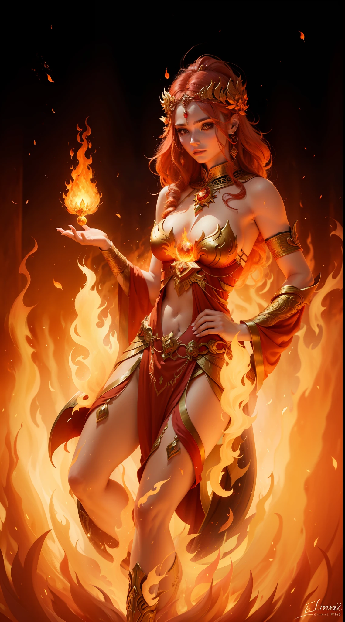 Goddess of fire called Sémirín, goddess of protection, cleansing and transformation, flames of fire in the background, elemental goddess, fire element, female, high quality, 4k