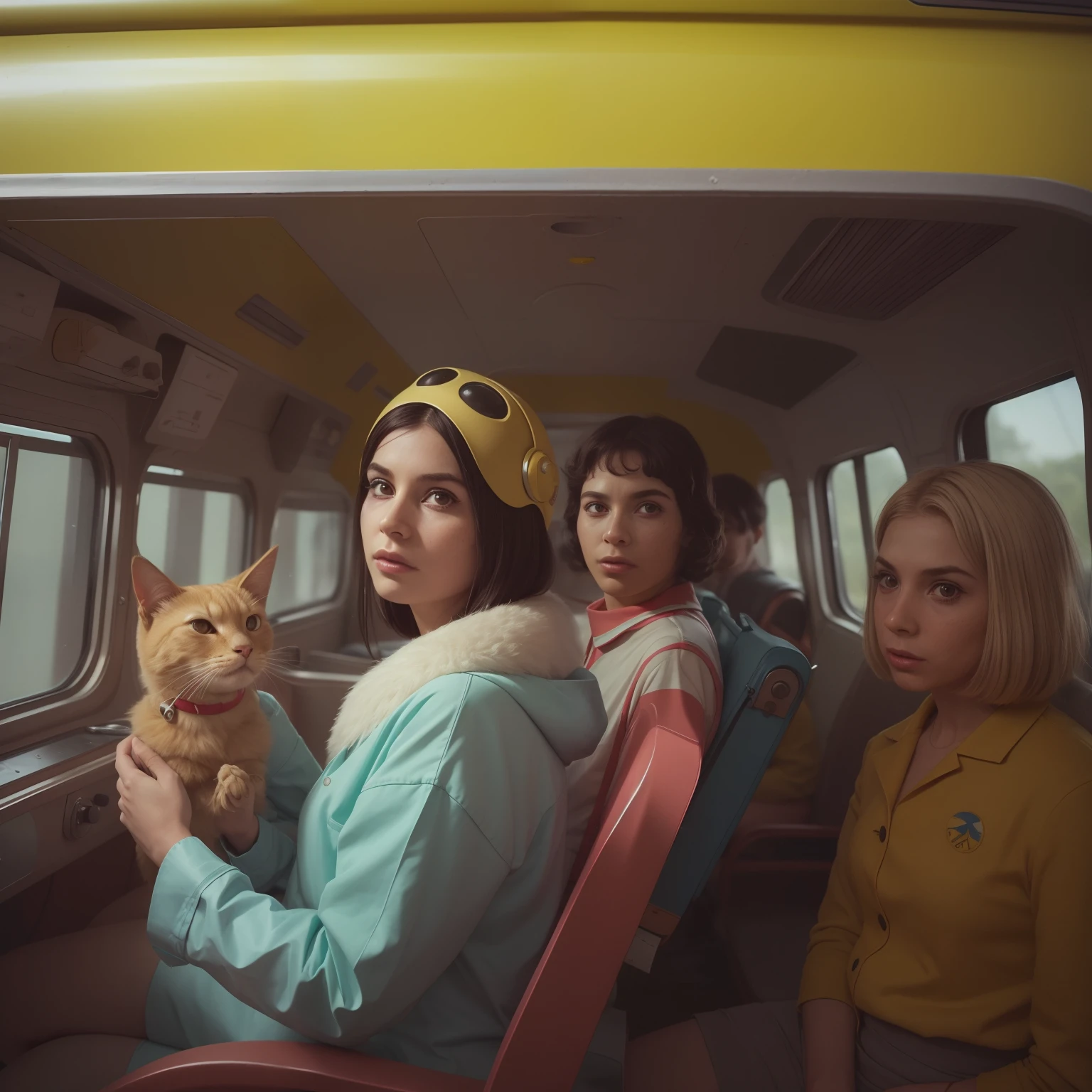 4k image from a 1960s science fiction film by Wes Anderson, pastels colors, Young people with animal mask and a mechanical pet on the school bus, Retro-futuristic fashion clothes from the 60s with alien ornaments, Luz Natural, Psicodelia, futurista estranho, retro-futurista, photo-realistic, Sharp background details.