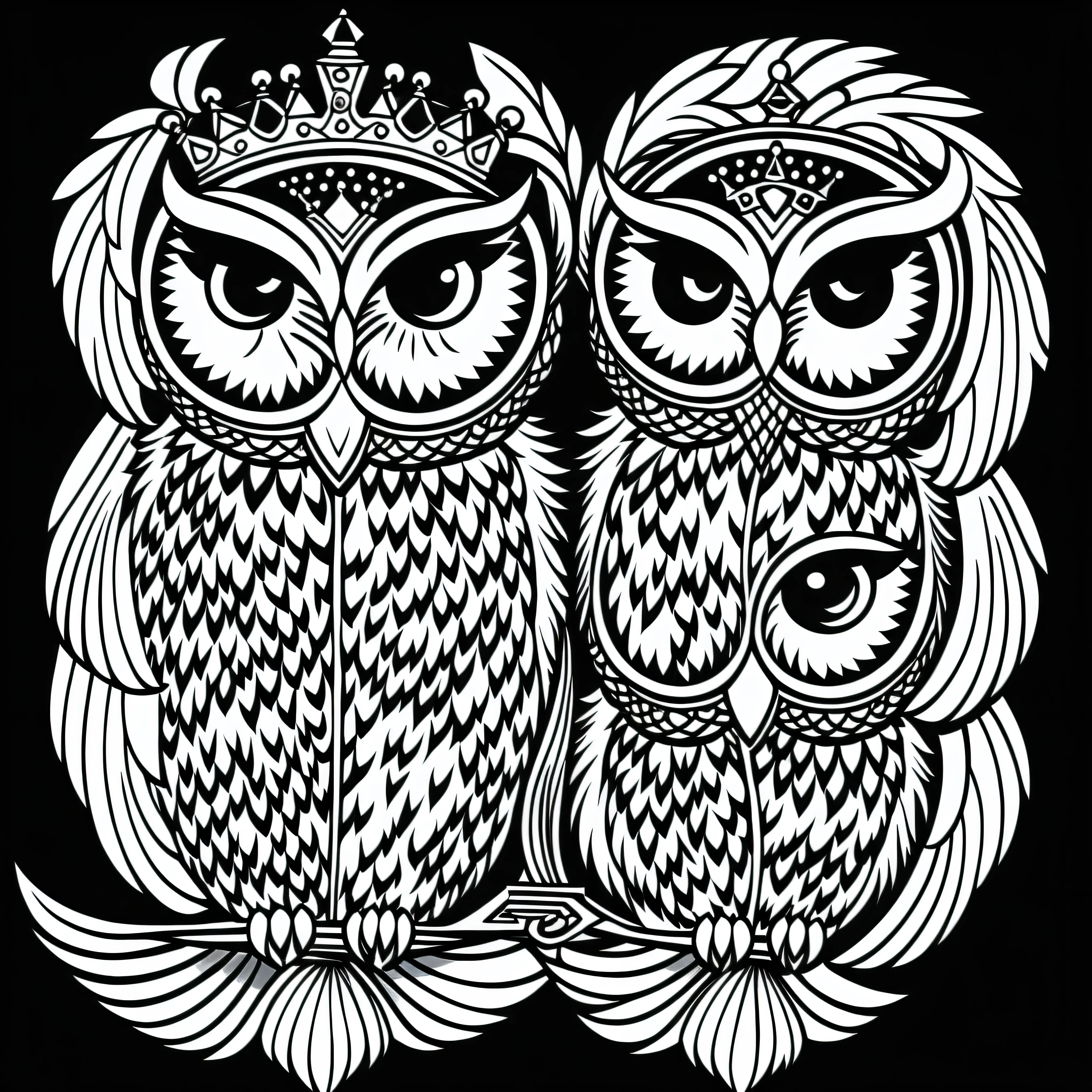 very small owl's head with symmetrical crown in the center, less details, logo design, black and white, ink, stencil, very simple, white background, rounded frame around, badge