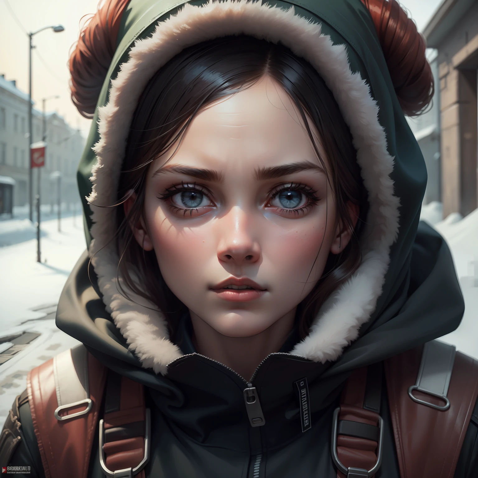 soviet union, soviet propaganda, hyper detailed, super detailed, hyper detailed, super detailed, 8k, cold, face, cute, shadow, gloomy, girl