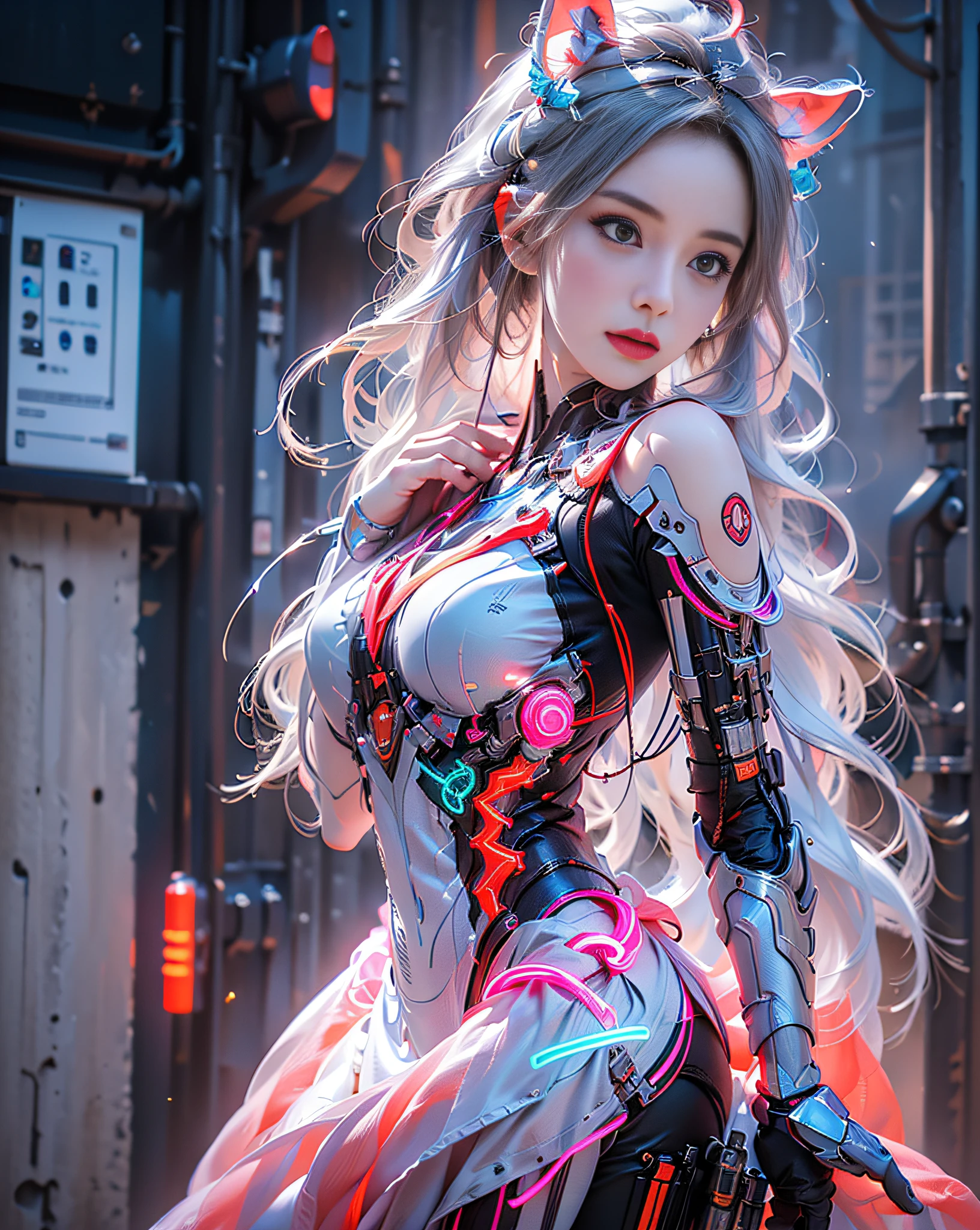 The whole body is a mechanical body、1 Girl Solo、perfect_hand、(8k、RAW Photography、top-quality、masterpiece:1.2)、(realisitic、Photorealsitic:1.4)、(the Extremely Detailed CG Unity 8K Wallpapers)、full bodyesbian、(neon light)、Machop、mechanical arms、hanfu、Hanfu、doress、