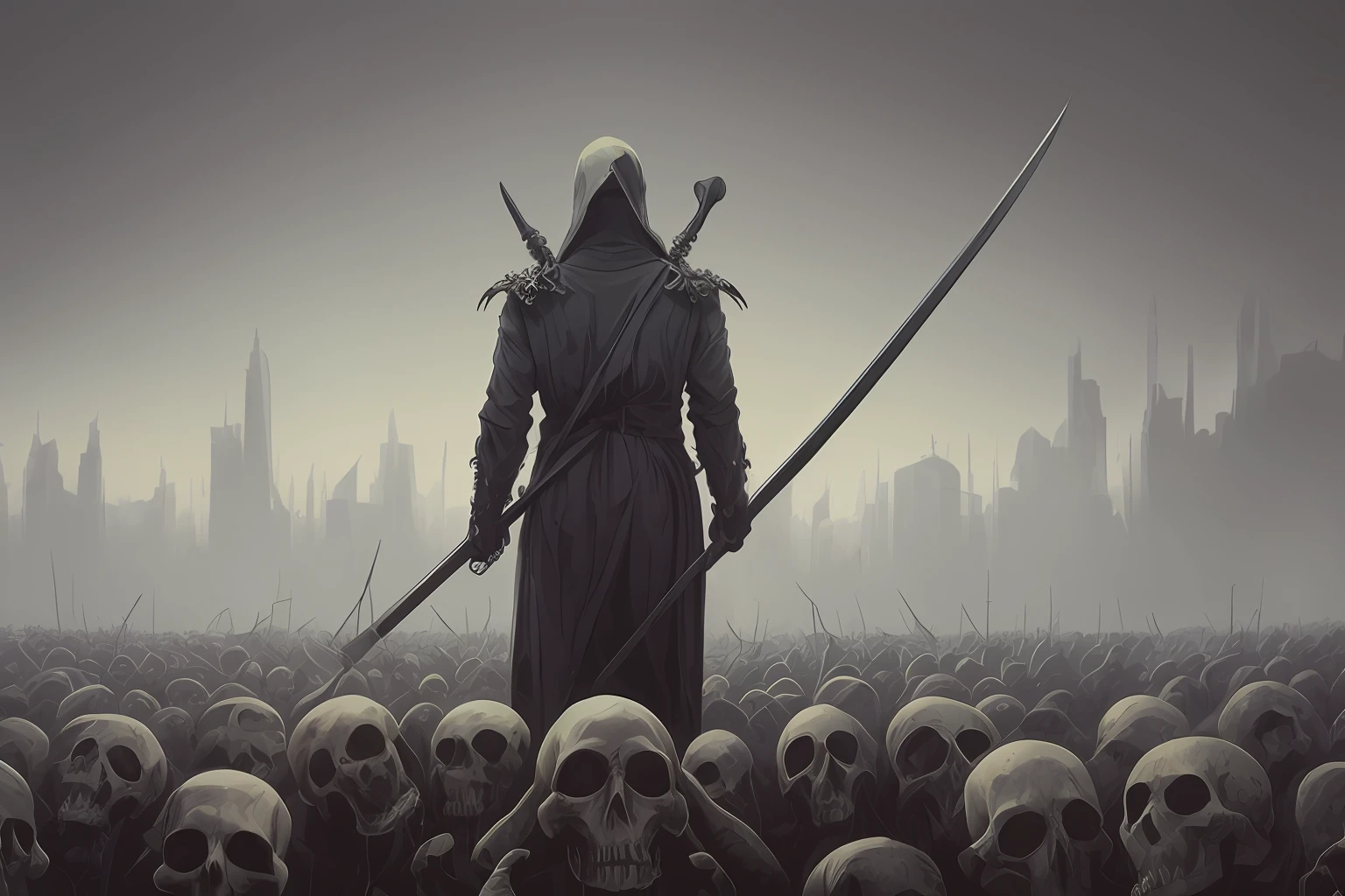 painting of a person with a scythe standing in a crowd of skulls, an ominous fantasy illustration, dan mumford tom bagshaw, beksinski and dan mumford, symmetrical epic fantasy art, noah bradley. sharp focus, noah bradley concept art, pete mohrbacher, peter mohrbacher digital art, high detailed beksinski painting, eerie nostalgic concept art
