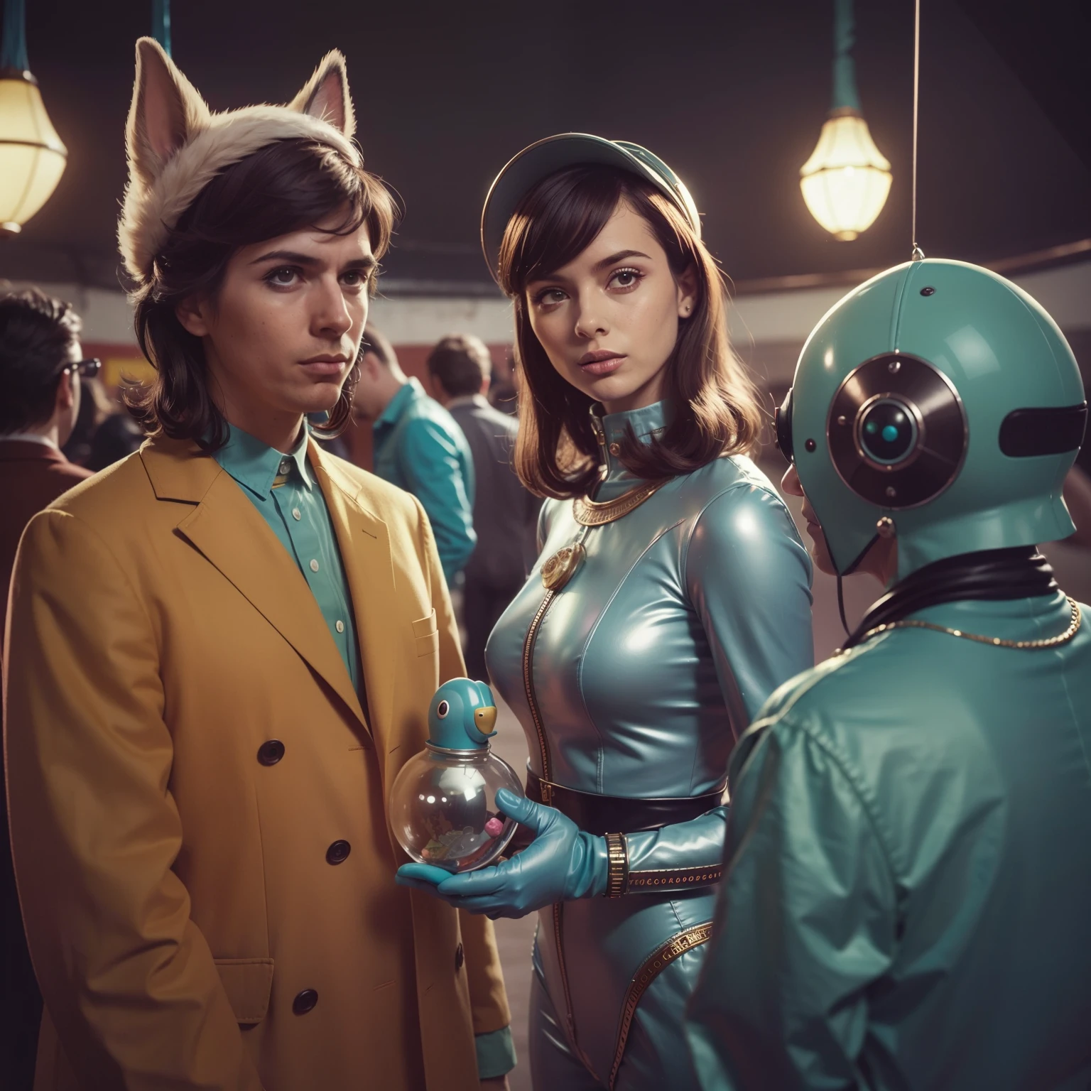 4k image from a 1960s science fiction film by Wes Anderson, pastels colors, Young people in animal mask holding a mechanical pet in the circus, Retro-futuristic fashion clothes from the 60s with alien ornaments, Luz Natural, Psicodelia, futurista estranho, retro-futurista, photo-realistic, Sharp background details.