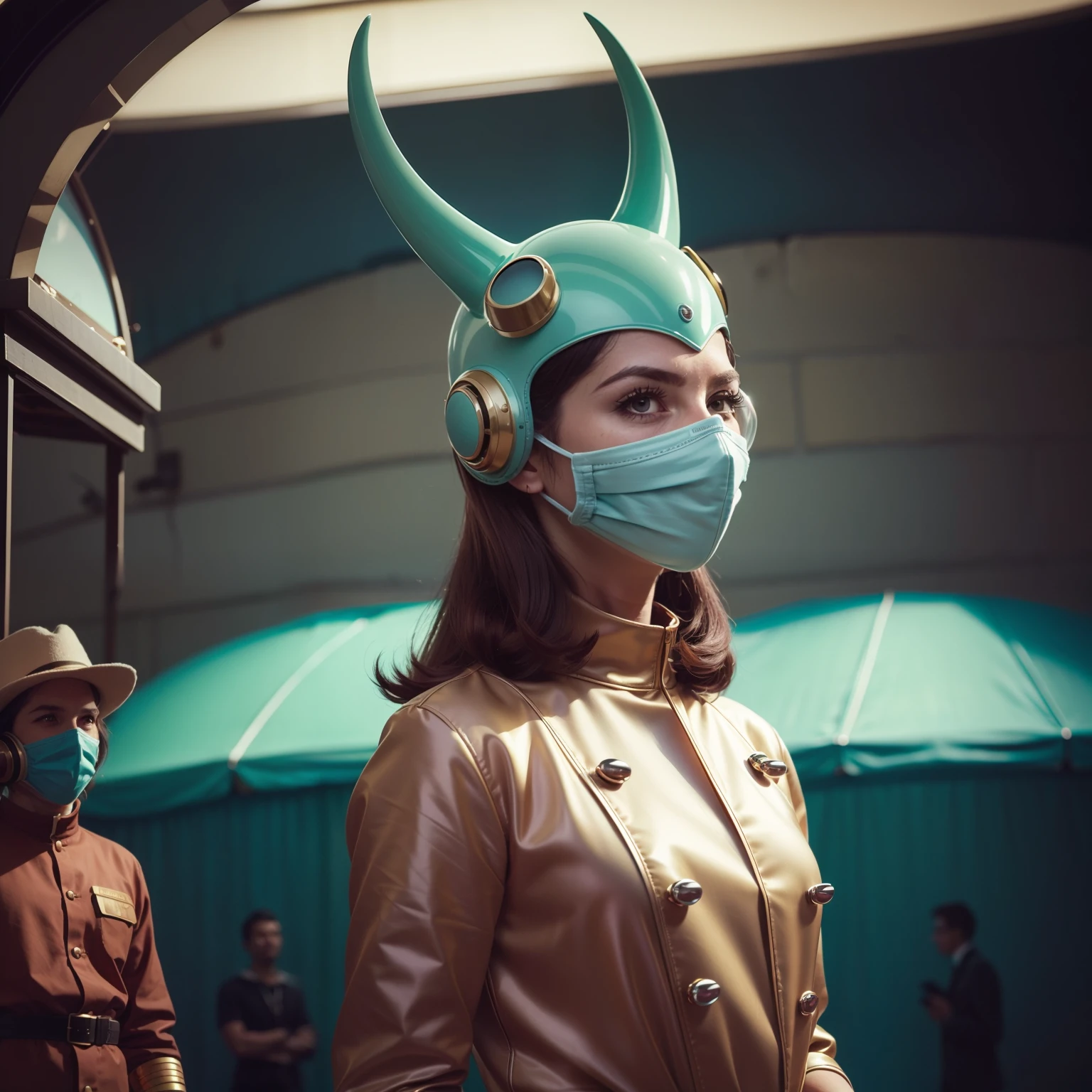 4k image from a 1960s science fiction film by Wes Anderson, pastels colors, Young people in animal mask holding a mechanical pet in the circus, Retro-futuristic fashion clothes from the 60s with alien ornaments, Luz Natural, Psicodelia, futurista estranho, retro-futurista, photo-realistic, Sharp background details.