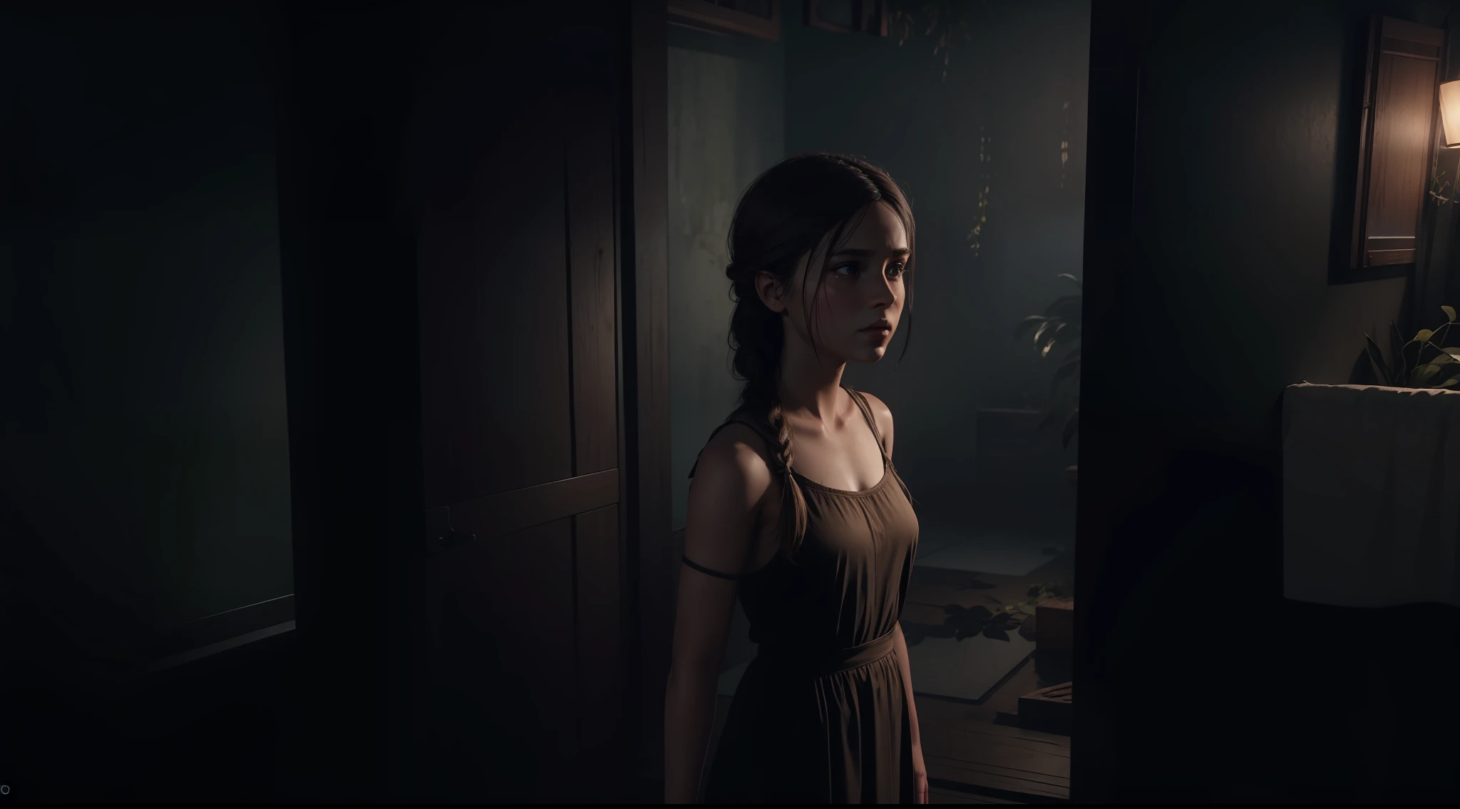 Beautiful young Ellen in tiny game dress The Last of Us part 1, Jogo, Hiper realista, 14 anos, corpo de modelo, seios pequenos, beautiful breasts, cabelo longo, braided hair, pernas longas, 8k