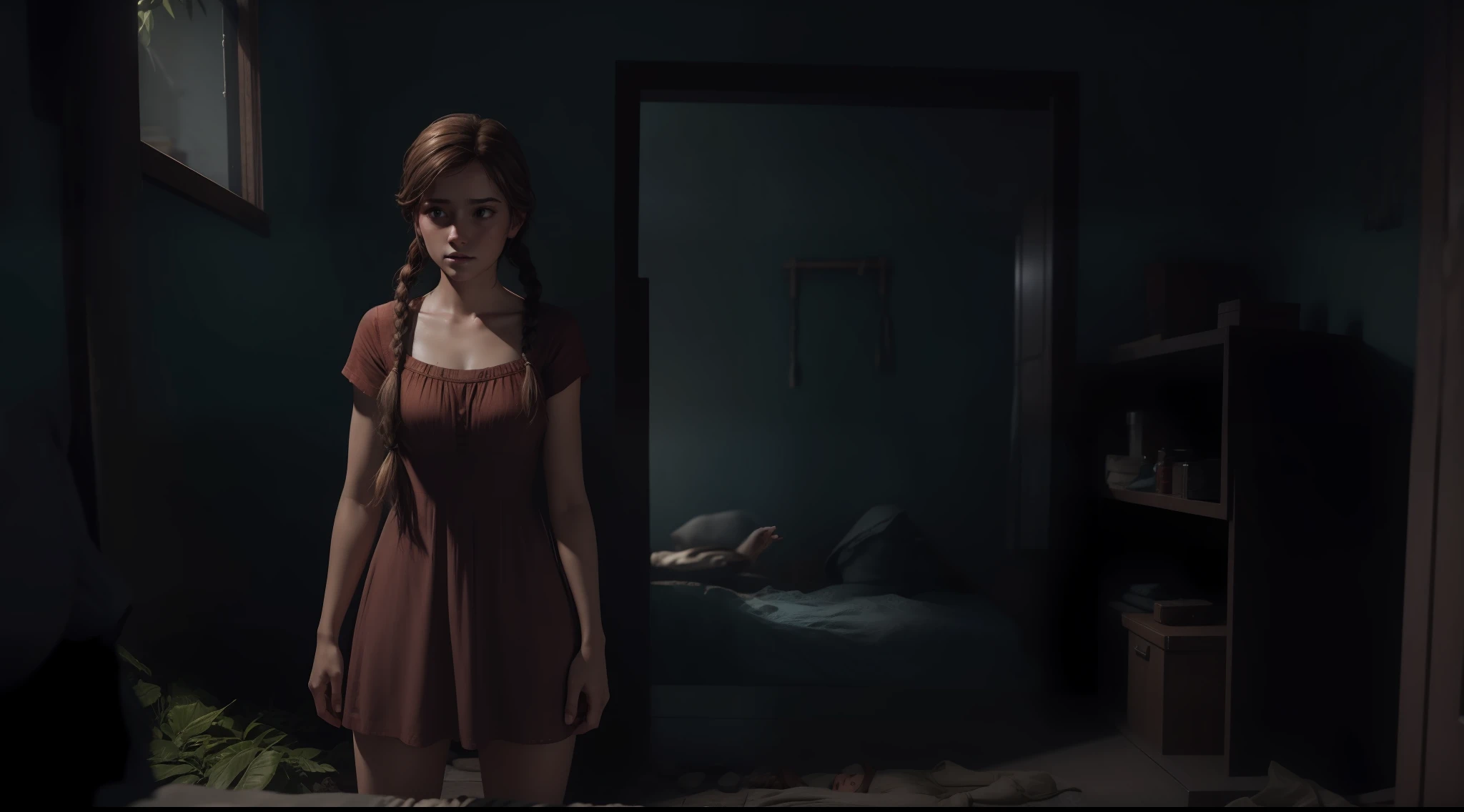Beautiful young Ellen in tiny game dress The Last of Us part 1, Jogo, Hiper realista, 14 anos, corpo de modelo, seios pequenos, beautiful breasts, cabelo longo, braided hair, pernas longas, 8k
