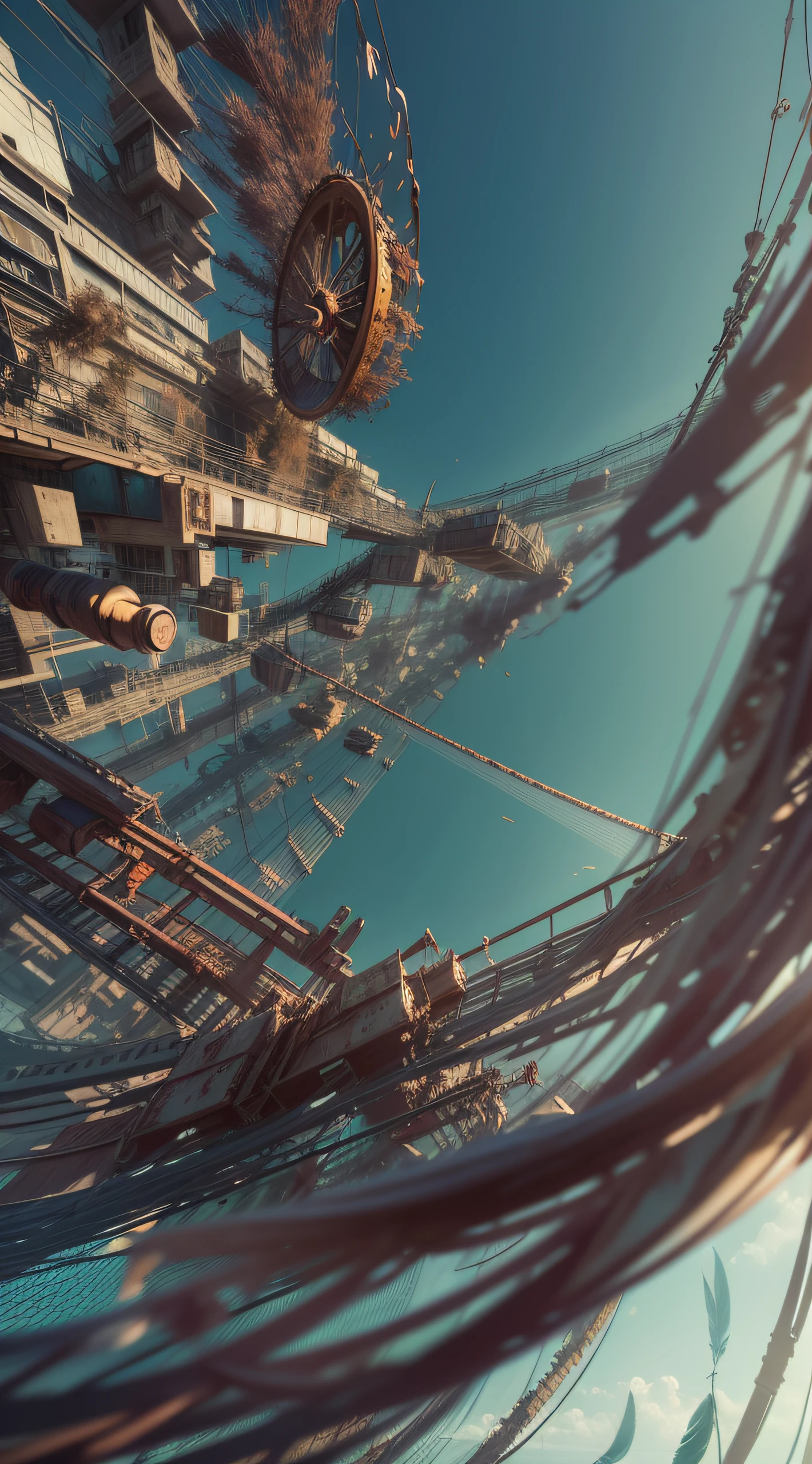 a heavily distorted, fading late morning clear sky, a singular object comprised of contorted feathers/machinery/pipes/rusted components is floating in the air, steel strings weave into each other, extra detail, 4kHD details, best resolution, surrealistic composition, extreme camera angle, motion blur, depth of field, foreshortening, tilted camera angle, cinematic lighting, movie scene