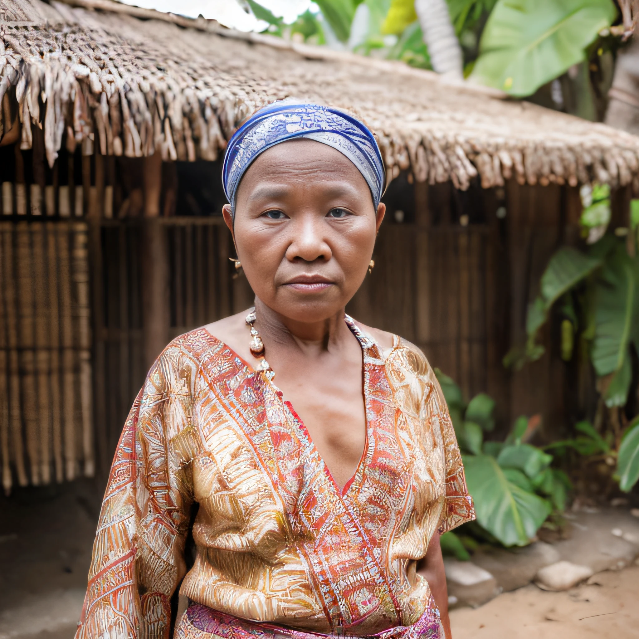 (masterpiece, best quality, RAW photography:1.4) of an old Indonesian woman, Batik, Sarong, Kebaya, Jilbab (highly detailed skin:1.2), (natural skin texture:1.2), (natural hand:1.4), in front of her house, plants and jungle, 8k uhd, dslr, soft lighting, high quality, film grain