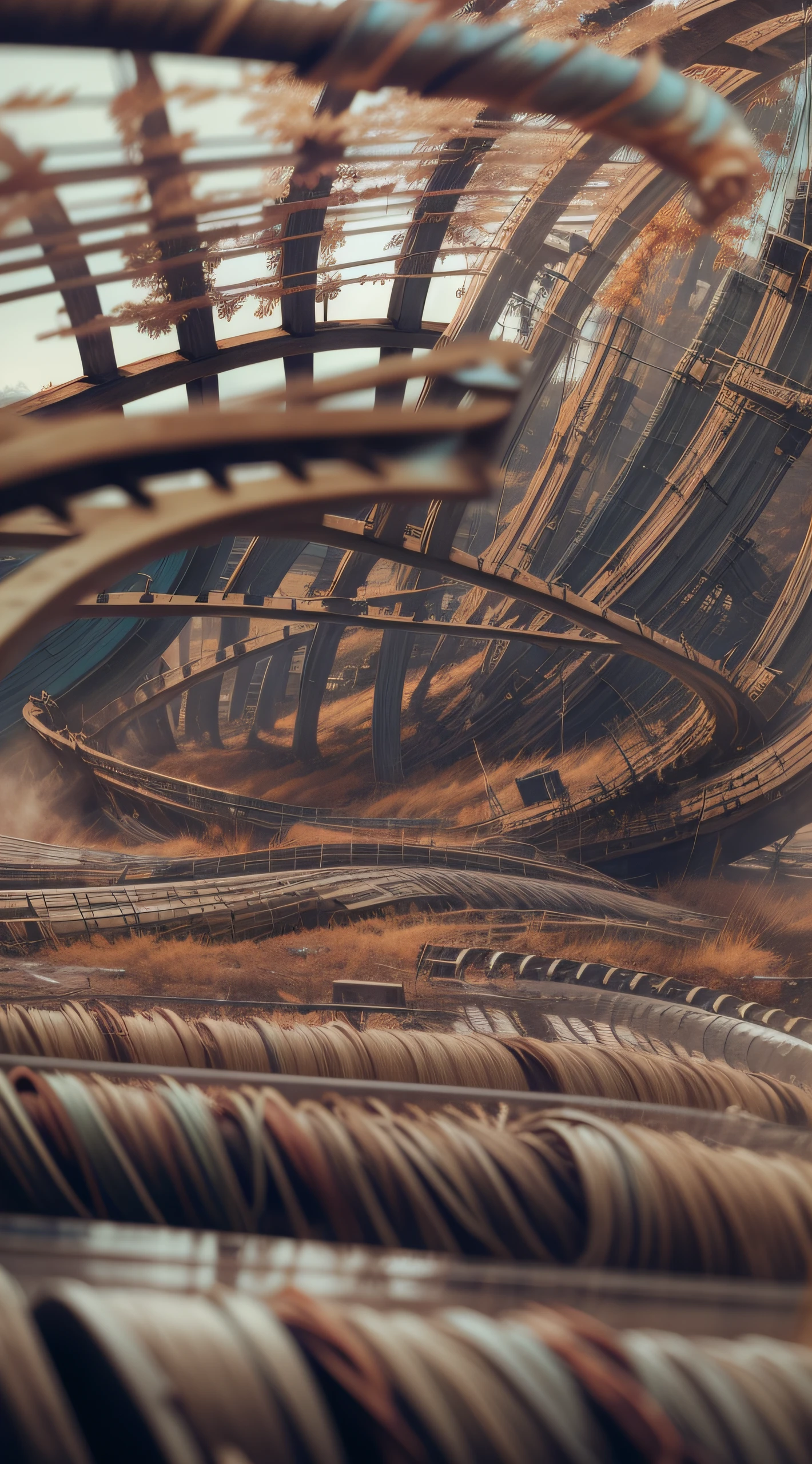 a heavily distorted, fading late morning clear sky, a singular object comprised of contorted feathers/machinery/pipes/rusted components is floating in the air, steel strings weave into each other, extra detail, 4kHD details, best resolution, surrealistic composition, extreme camera angle, motion blur, depth of field, foreshortening, tilted camera angle, cinematic lighting, movie scene