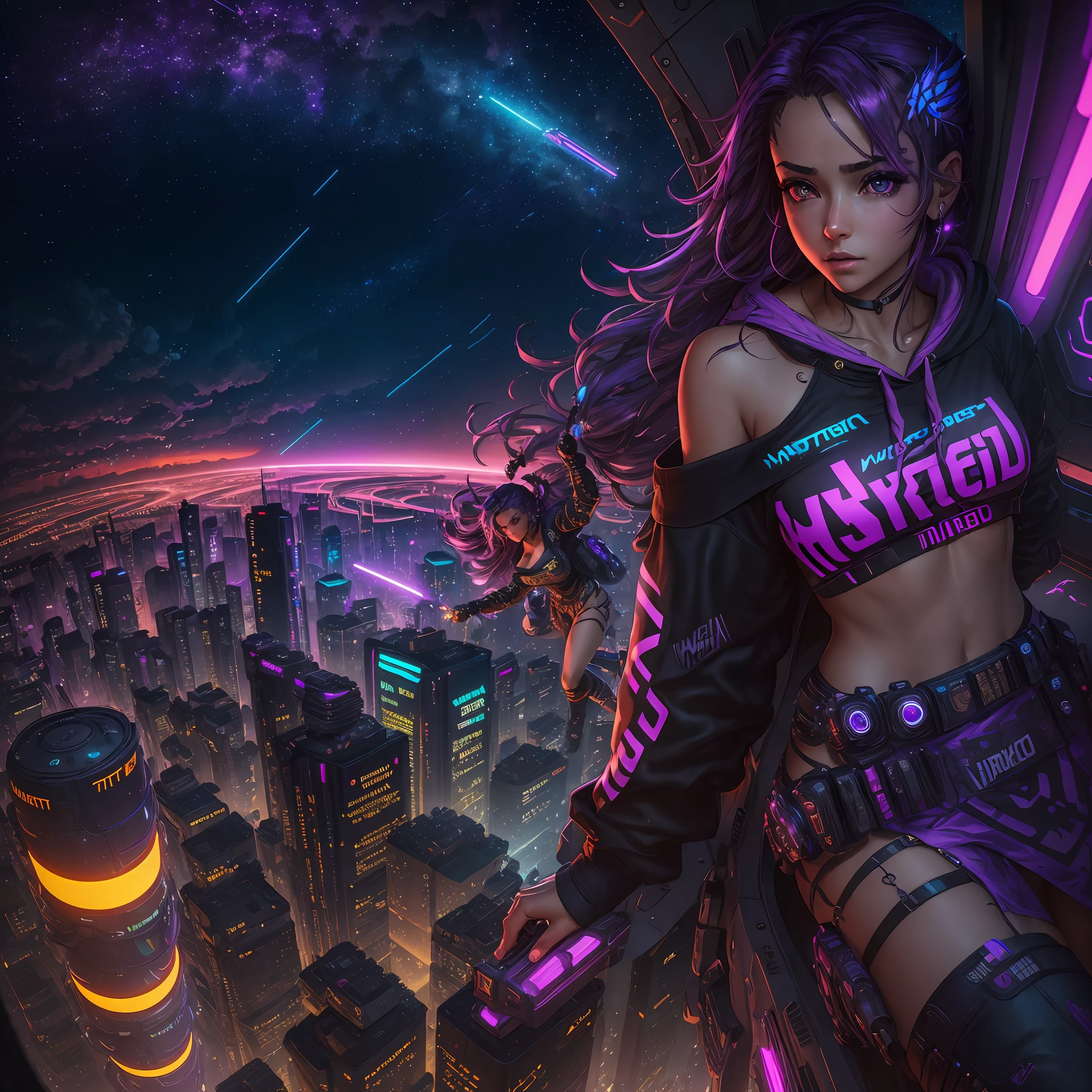 (masterpiece), best quality, ultra high res,mature girl, cyberpunk 1girl flying above stunning cityscape ,hoodie,purple hair, neon color shooting stars, very long hair, off shoulder, feather hair ornament, neon colors, flashes, stunning night sky, cinematic lighting, photorealistic, realistic skin, HDR,fisheye