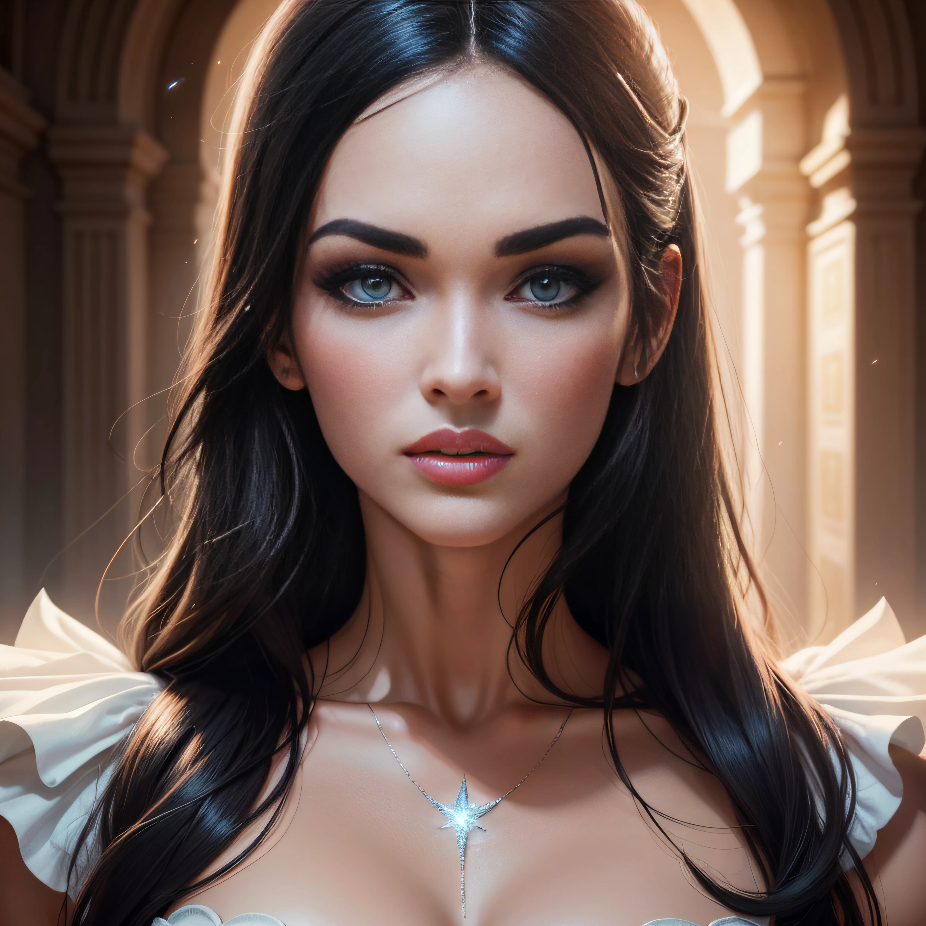 obra-prima, melhor qualidade, just the face[ SEM EFEITO DE LUZ OU SOMBRA DE FRENTE E LADO], MEGAN FOX, bonita, retrato, olhos altamente detalhados, rosto altamente detalhado, olhos perfeitos, both eyes are the same, brilho, iridescente, global ilumination, luz suave, luz de sonho, pintura digital, 8k, ULTRA REALISTA CGI extremamente detalhado, 8K extremamente detalhado