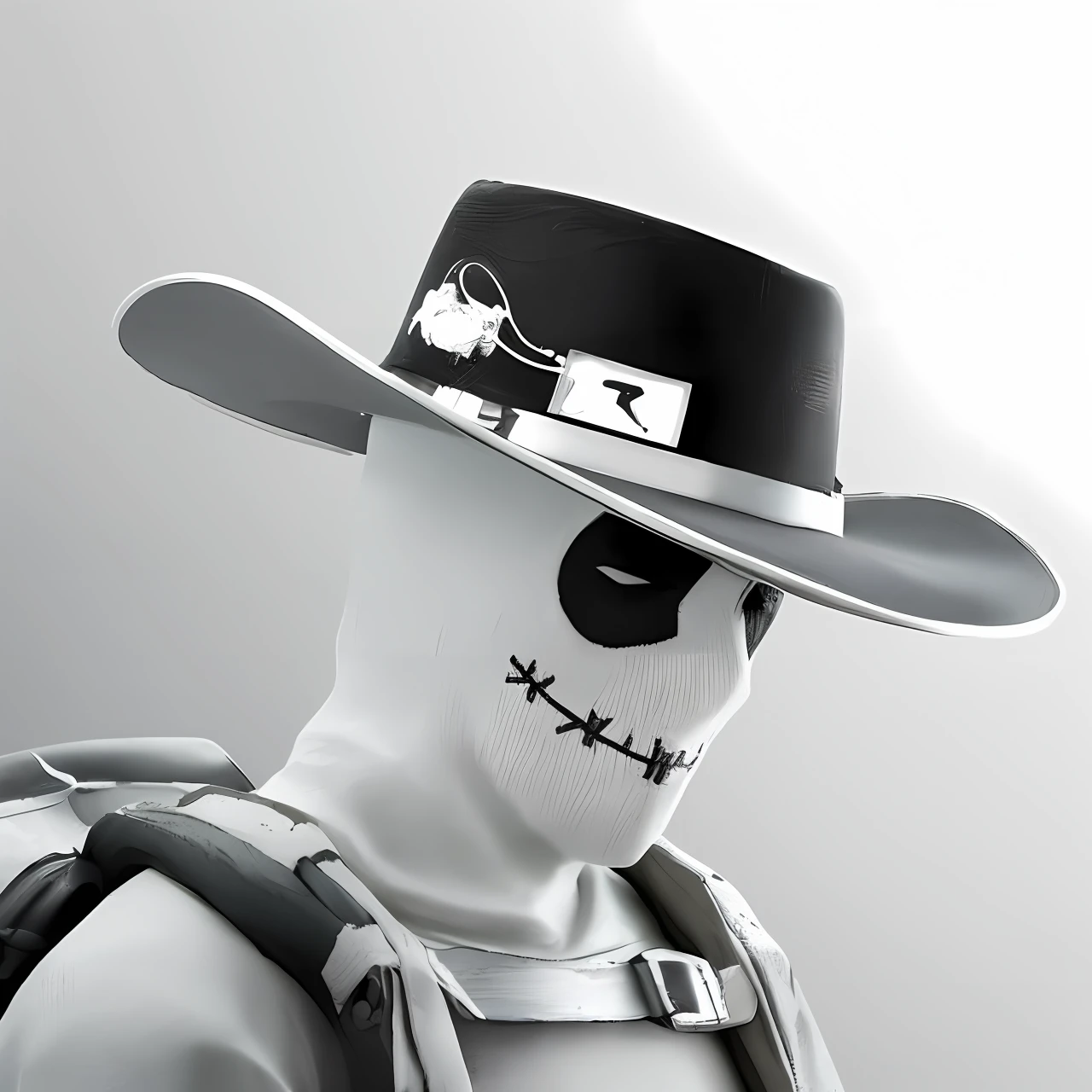 There is a white background and a man wearing a hat, Skeleton Cowboy, Western Cyber, Lone Ranger, Post - Apocalyptic Cowboy, Westworld Style, Character with Hat, Cowboy, Frosted, Anthropomorphic Grey, Ski Mask, Robot Ghost Mask, Digital Rendering, scary white skin, Desertpunk, gangsta robot, scarecrow, Rorschach, trapstar, 8k, 4k
