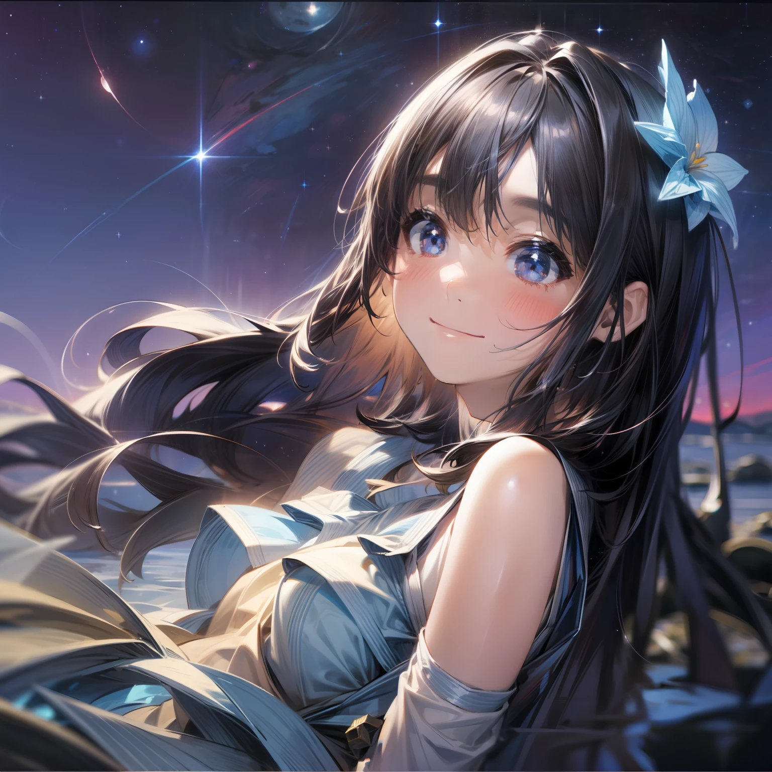 8k、In high-resolution illustrations、The beauty of the night sky reflected on the surface of the water is meticulously depicted.。stele々shines、The surface of the water ripples quietly with moonlight、It has a fantastic atmosphere。
In the background, the night sky spreads out surrounded by a dark night、Star-filled sky々is shining。She stood by the lake.、Looking up at the beautiful night sky reflected on the surface of the water。
She has black hair in a short bob.、The inner color shines colorfully。stele々Colorful hair reminiscent of the brilliance of、Complements her unique charm。
Her expression that feels the night sky reflected on the surface of the water、A calm and happy smile is depicted。Be fascinated by the beauty of the night sky、It expresses joy。
By the beauty of the night sky reflected in her water、Her figure is also beautifully projected.。Shimmering and stars on the surface of the water々The brilliance of envelops her figure in a fantastic way。
The energy of the night sky reflected on the surface of the water、It is depicted as if full of her。The mysterious power of the night sky envelops her、She herself has become part of the night sky。
The entire illustration has、The beauty of the night sky reflected on the surface of the water and her sparkling figure are in perfect harmony。The mystery of the night sky and her happy smile、Bring heartwarming emotions to viewers。
The lakeside spreads out in the background、The beauty of the night sky reflected on the surface of the water is quietly depicted。The serenity of water and the stars々The brilliance of、Fantastic illustrations。