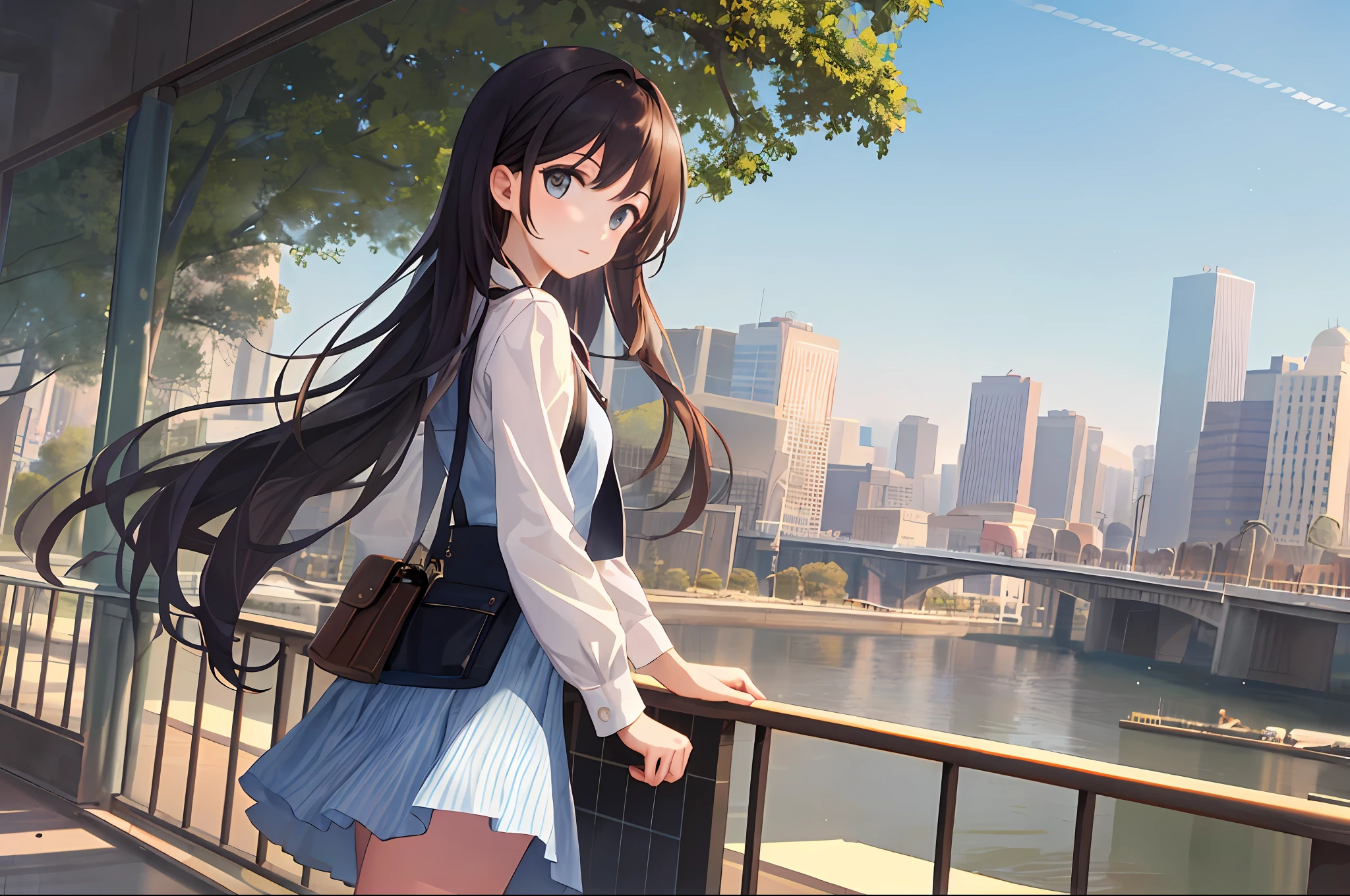 (masterpiece, excellent quality, high quality), (1girl, solo, cowboy shot), looking at viewer, sky, city, skyscrapers, pavement, trees