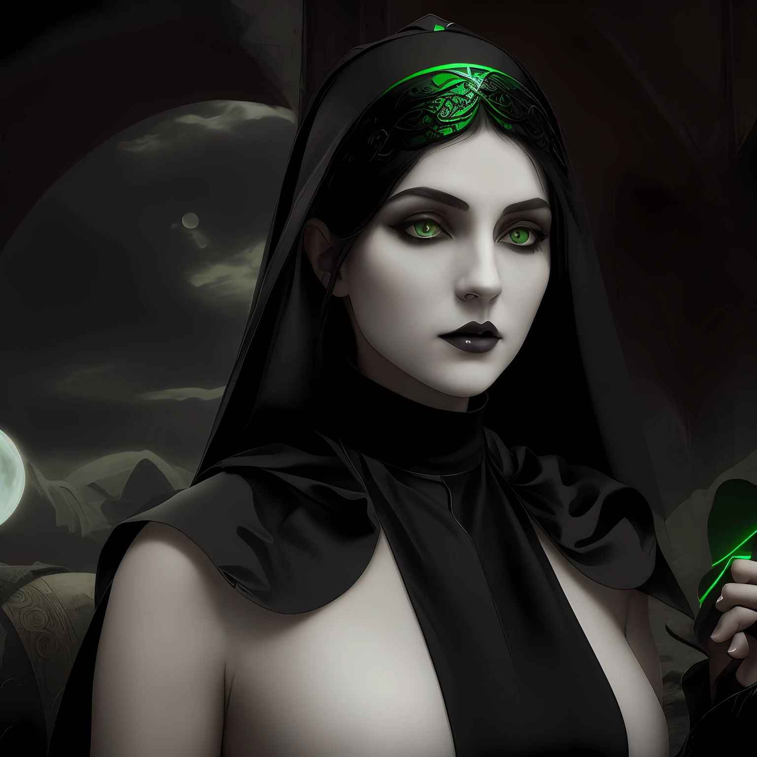 "Portrait of a goth girl nun with a pale face and striking green eyes. Her black hair is adorned with a circlet featuring a moon symbol. Create a masterpiece with a dark fantasy vibe inspired by berserk art."