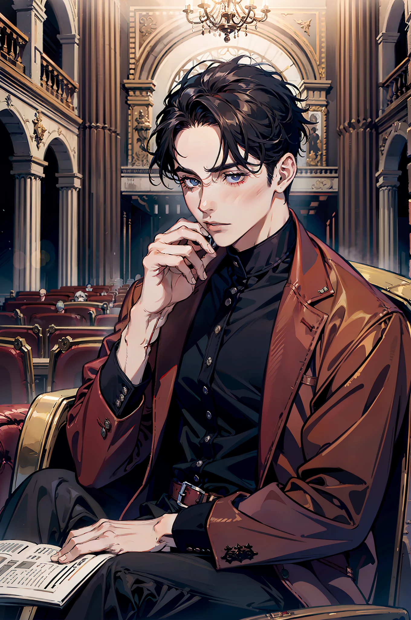 (1 person)((Boy :1.2))((Mysterious man)), (Sit on a red leather sofa), Sven scum style,Shiny hair, Thick hair,Fully dressed,((Hair endorsement,Comb hair back to the sides,damp hair,extremely short hair)), There is no hair on the forehead, Perfect gangster hairstyle, Male legs, Very short hair, The best ratio of four fingers to one thumb, (Holding a wine glass in his hand)(The shirt), (Wide environment) Black eyes, fantasy, Dark fantasy, Perfect hand, fantasy, romatic, Kravyod, (Architecture of the Baroque period), In the auditorium, Best light and shadow