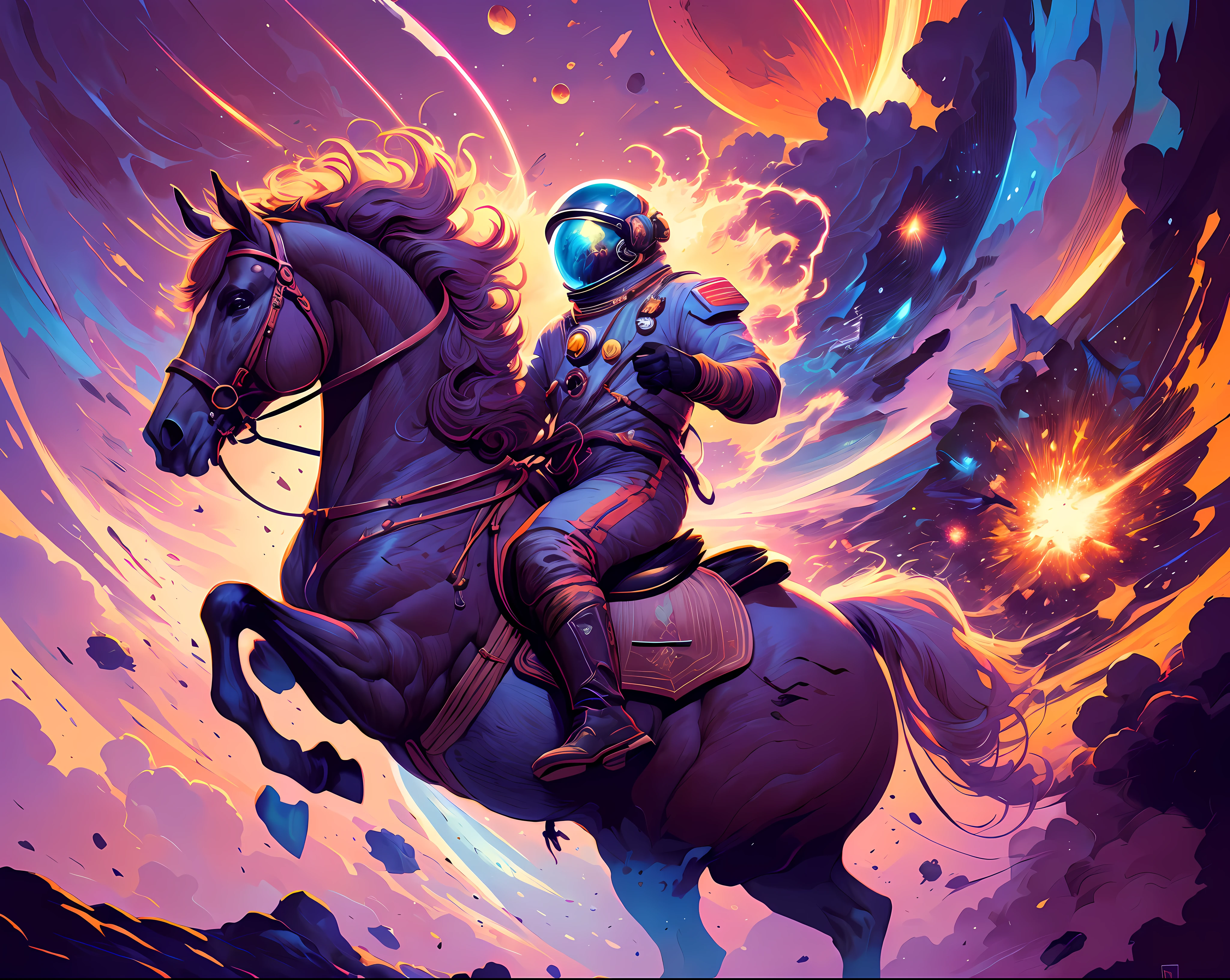 hautement (dynamique:1.2) Detailed art scene (Apterus:1.2) Cosmonaut on horseback, (Amazing fantastic decoration:1.2), abstract beauty, explosive volumetric, Delicious ???????, (Horreur fantastique art parfait, 64K Ultra HD:1.1), (Illustration par Bastien Grivet, Illustration par Dan Mumford:1.2)