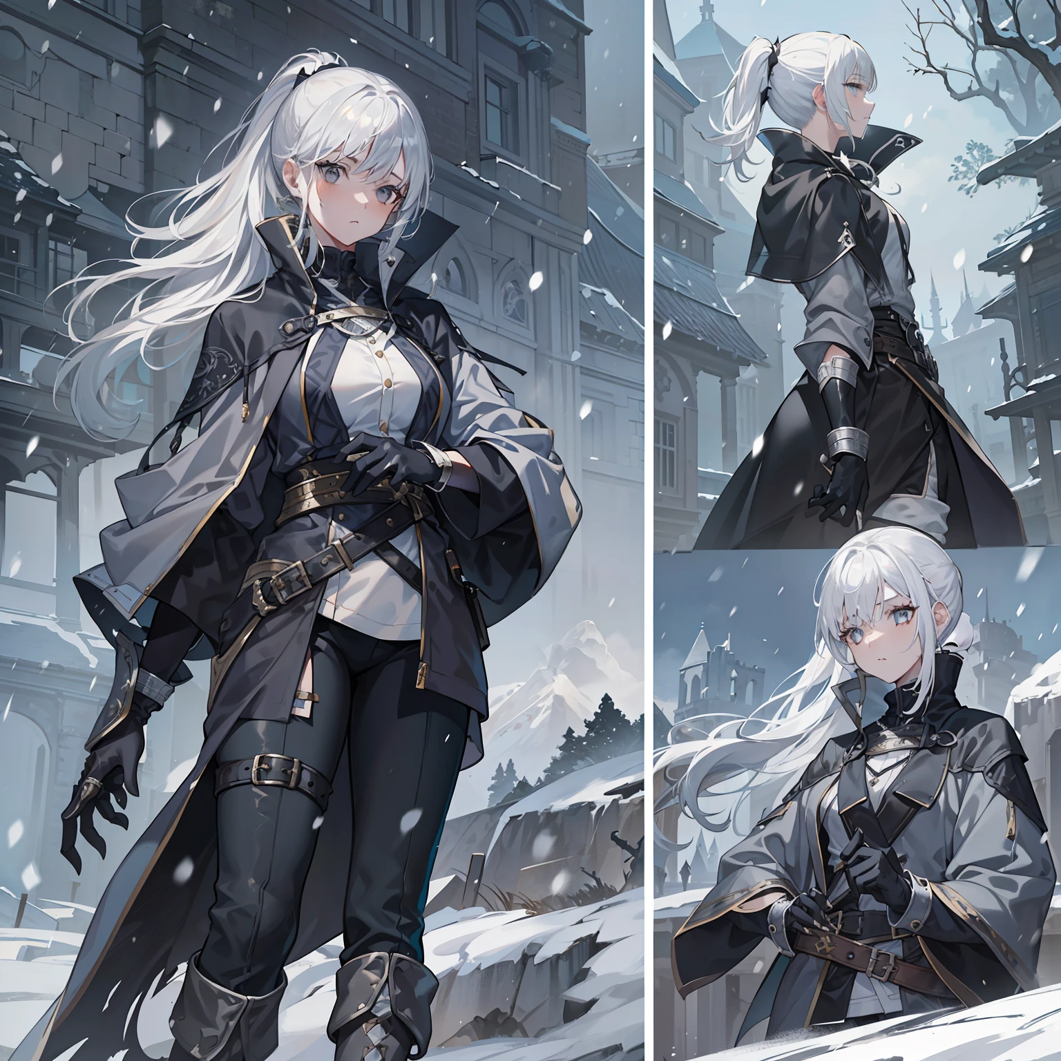 1 girl, solo, white hair, ponytail, long ponytail, gray eyes, white shirt, tight pants, white pantsmetal cuffs, black gloves, raincoat, high boots, metal greaves, medieval theme, looking at viewer, fantasy art, beautiful painting, guwaika style, epic exquisite character art, stunning characters, fearsome, Crows, snowing (reference sheet:1.5)