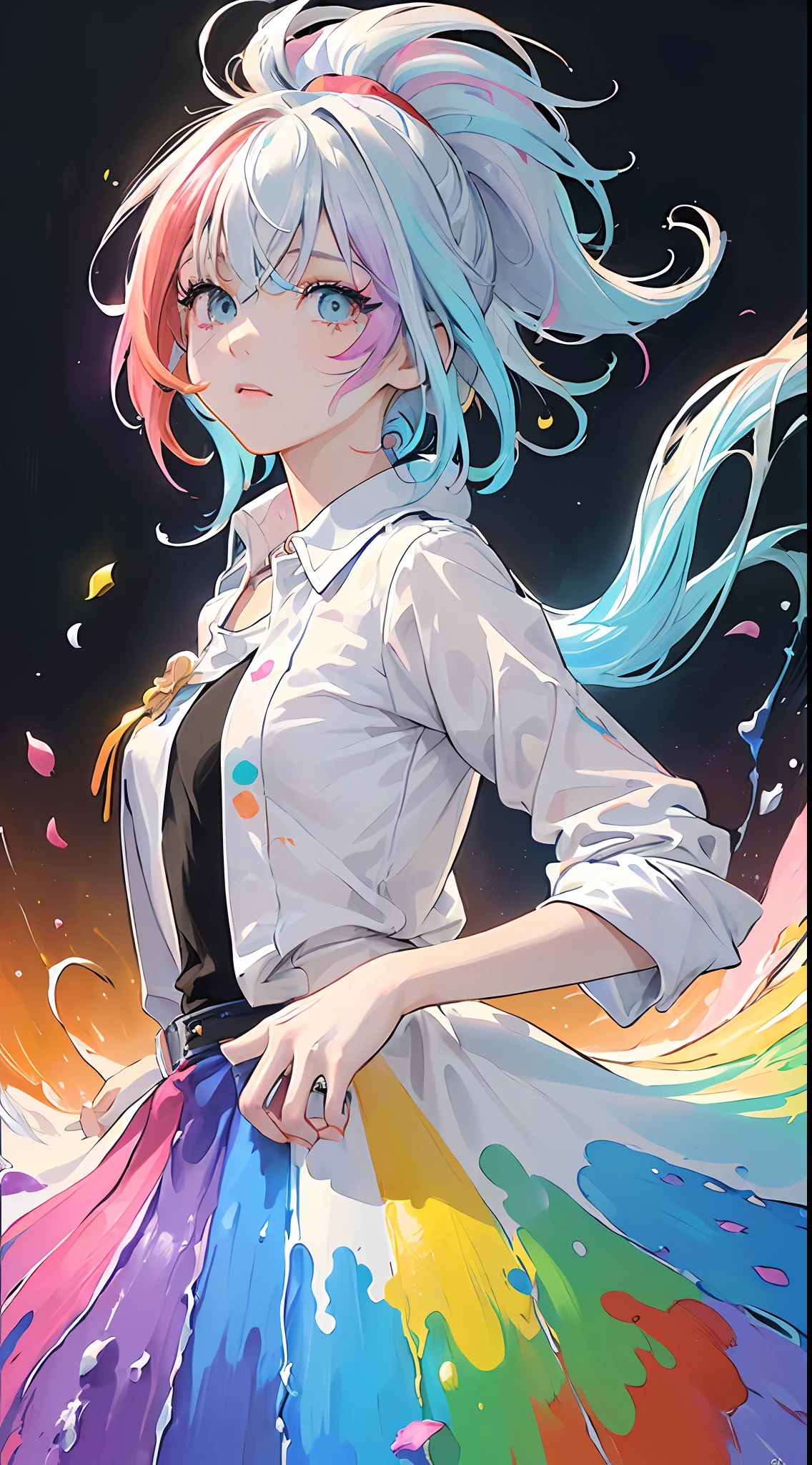 （Pink Fashion T-shirt：1.9），(Colorful hair: 1.8), (all the colours of the rainbow: 1.8),(((((vertical painting：1.6))), （painting：1.6），front, comics, illustrations, paintings, large eyes, crystal clear eyes,（ rainbow color gradient high ponytail：1.7）, exquisite makeup, closed mouth,(Small Fresh: 1.5),(Wipe Chest: 1.6) ，long eyelashes, T-shirt,  White Shirt，jacket, looking at the audience, large watery eyes, (rainbow colored hair：1.6), color splash, （solo：1.8）, color splash, color explosion, thick paint style, messy lines, ((shining))，(colorful), (colorful), (colorful), colorful, Thick Paint Style, (Splash) (Color Splash), Vertical Painting, Upper Body, Paint Splash, Acrylic Pigment, Gradient, Paint, Highest Image Quality, Highest Quality, Masterpiece, Solo, Depth of Field, Face Paint,  colorful clothes, (Elegant: 1.2), gorgeous,long hair, wind, (Elegant: 1.3), (Petals: 1.4)，(((masterpiece))),(((best quality))),((ultra-detailed)),(illustration),(dynamic angle),((floating)),(paint),((disheveled hair)),(solo),(1girl) , (((detailed anima face))),((beautiful detailed face)),collar, white hair, ((colorful hair)),((streaked hair)),beautiful detailed eyes,(Gradient color eyes),(((colorful eyes))),(((colorful background))),(((high saturation))),(((surrounded by colorful splashes))),