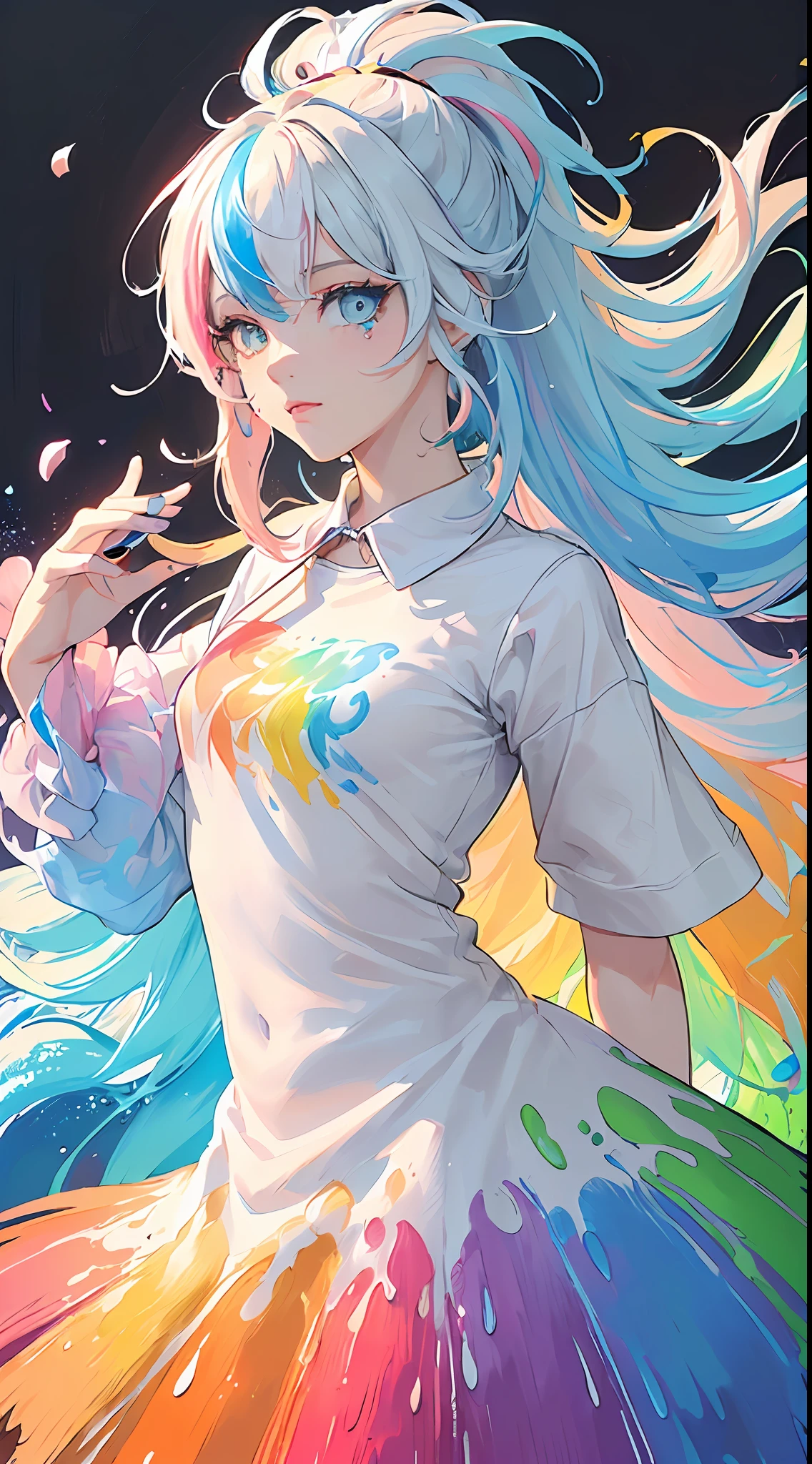 (Pink Fashion T-shirt:1.9),(Colorful hair: 1.8), (all the colours of the rainbow: 1.8),(((((vertical painting:1.6))), (painting:1.6),front, comics, illustrations, paintings, large eyes, crystal clear eyes,( rainbow color gradient high ponytail:1.7), exquisite makeup, closed mouth,(Small Fresh: 1.5),(Wipe Chest: 1.6) ,long eyelashes, T-shirt, White Shirt,jacket, looking at the audience, large watery eyes, (rainbow colored hair:1.6), color splash, (solo:1.8), color splash, color explosion, thick paint style, messy lines, ((shining)),(colorful), (colorful), (colorful), colorful, Thick Paint Style, (Splash) (Color Splash), Vertical Painting, Upper Body, Paint Splash, Acrylic Pigment, Gradient, Paint, Highest Image Quality, Highest Quality, Masterpiece, Solo, Depth of Field, Face Paint, colorful clothes, (Elegant: 1.2), gorgeous,long hair, wind, (Elegant: 1.3), (Petals: 1.4),(((masterpiece))),(((best quality))),((ultra-detailed)),(illustration),(dynamic angle),((floating)),(paint),((disheveled hair)),(solo),(1girl) , (((detailed anima face))),((beautiful detailed face)),collar, white hair, ((colorful hair)),((streaked hair)),beautiful detailed eyes,(Gradient color eyes),(((colorful eyes))),(((colorful background))),(((high saturation))),(((surrounded by colorful splashes))),