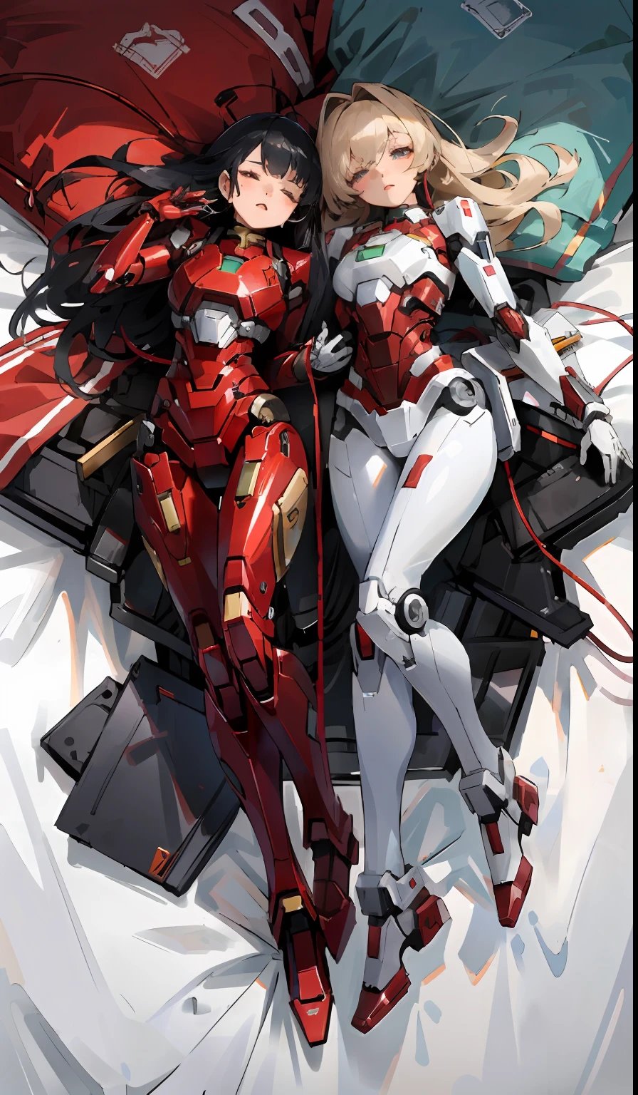 ((best qualtiy)), ((tmasterpiece)), ((Realistis)), (A detailed), (realisticlying:1.5),Bird Chart,Panorama Figures,fully body photo,2 girls in Iron Man battle suits,2 beautiful female versions of Iron Man fall asleep,Sleeping girl,dynamicposes,tempting pose,Seductive eyes,perfect body figure,Raised sexy,Jade foot ,beautifullegs,long leges,Model figure,White slim tights,The Iron Man logo on the chest,cabellos largos dorados,adolable,Beautiful woman detailed Iron Man silhouette body with Superman roleplay,very Bigger breasts,The body is plugged in with a wire in the charge,The bed is covered with mechanical parts,Thick power cords wrapped around the body,Repair and maintenance are the same,Huge shoes,There is a robot toy next to it,Mecha elements,High-tech equipment weapons,Robot mech toys,
