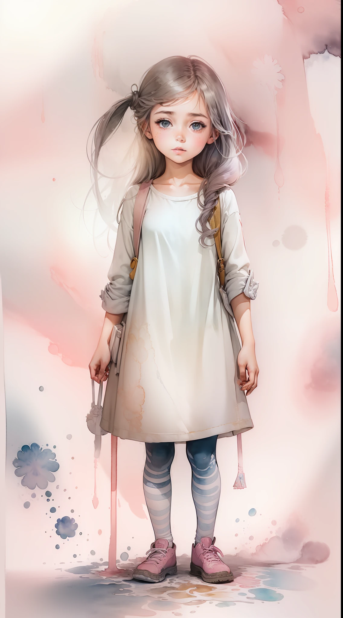 (fundo branco:1.4), ((,(illustration:1.1), (melhor qualidade), (obra-prima:1.1), (respingos de tinta), ((aquarela)), {1Girl standing}
